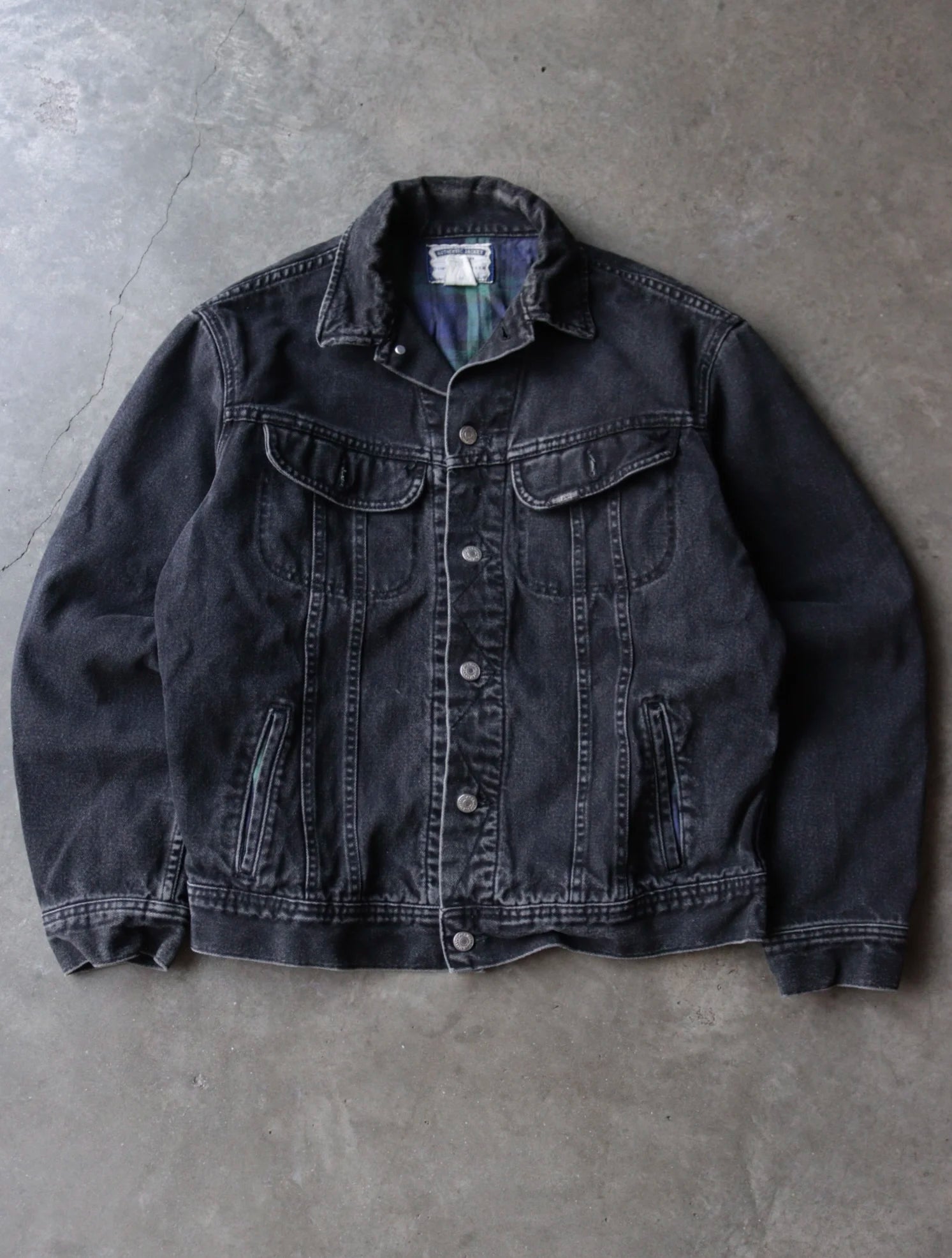 1990S FADED BLACK FLANNEL LINED DENIM JACKET