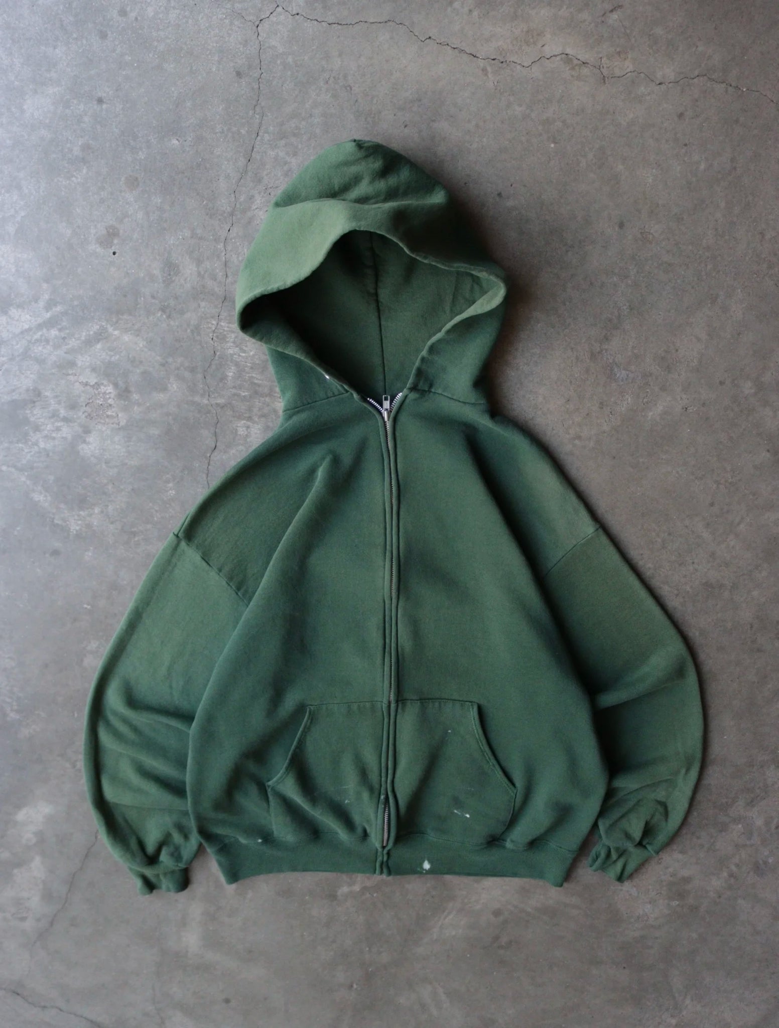 1990S ZIP UP FADED GREEN RUSSELL HOODED SWEATSHIRT