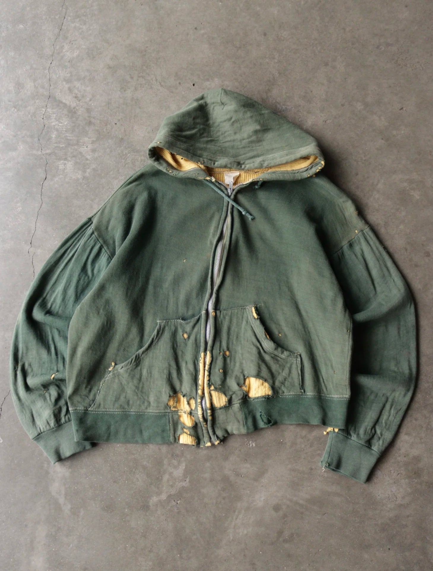 1960S FADED GREEN AND YELLOW THERMAL HOODED SWEATSHIRT