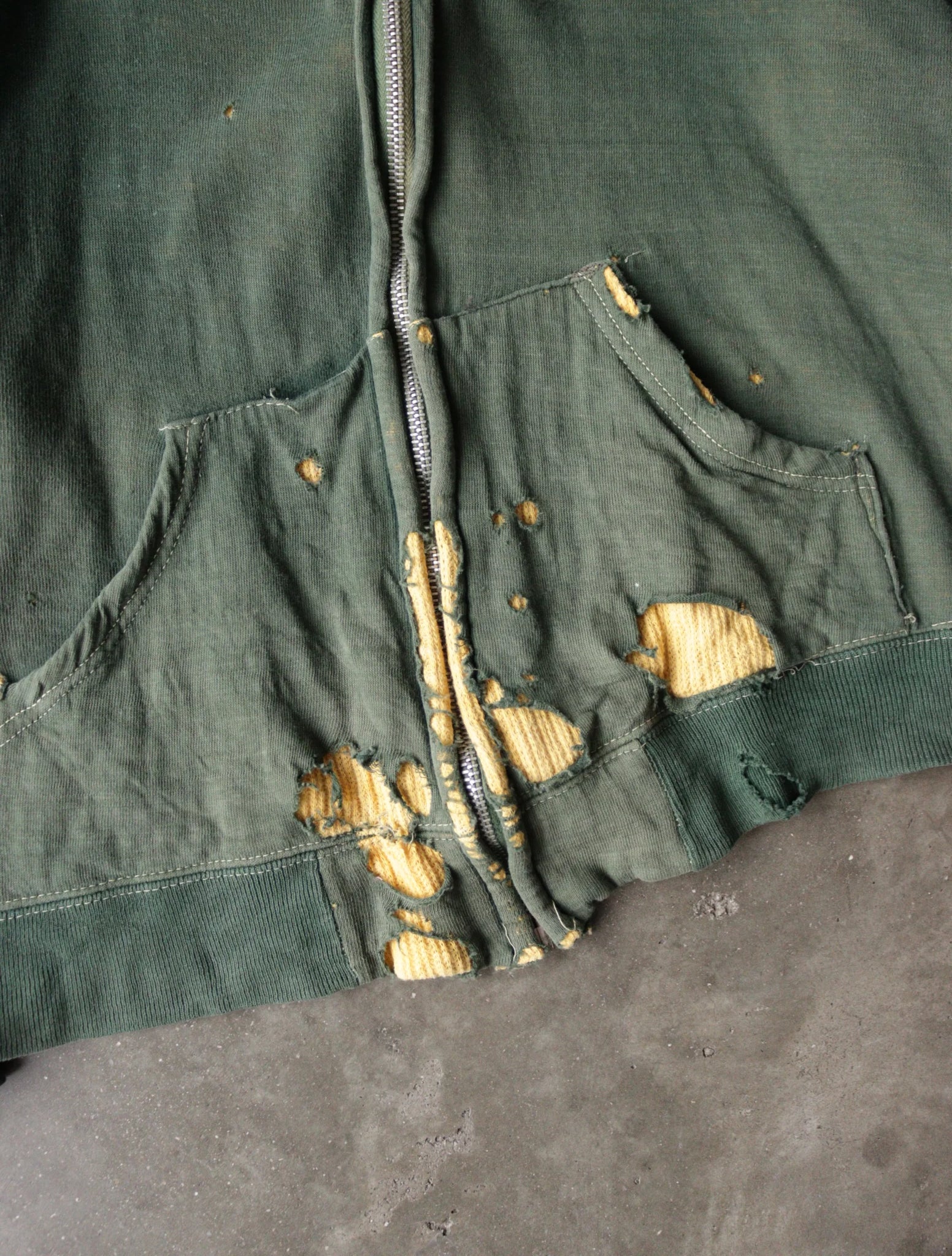 1960S FADED GREEN AND YELLOW THERMAL HOODED SWEATSHIRT