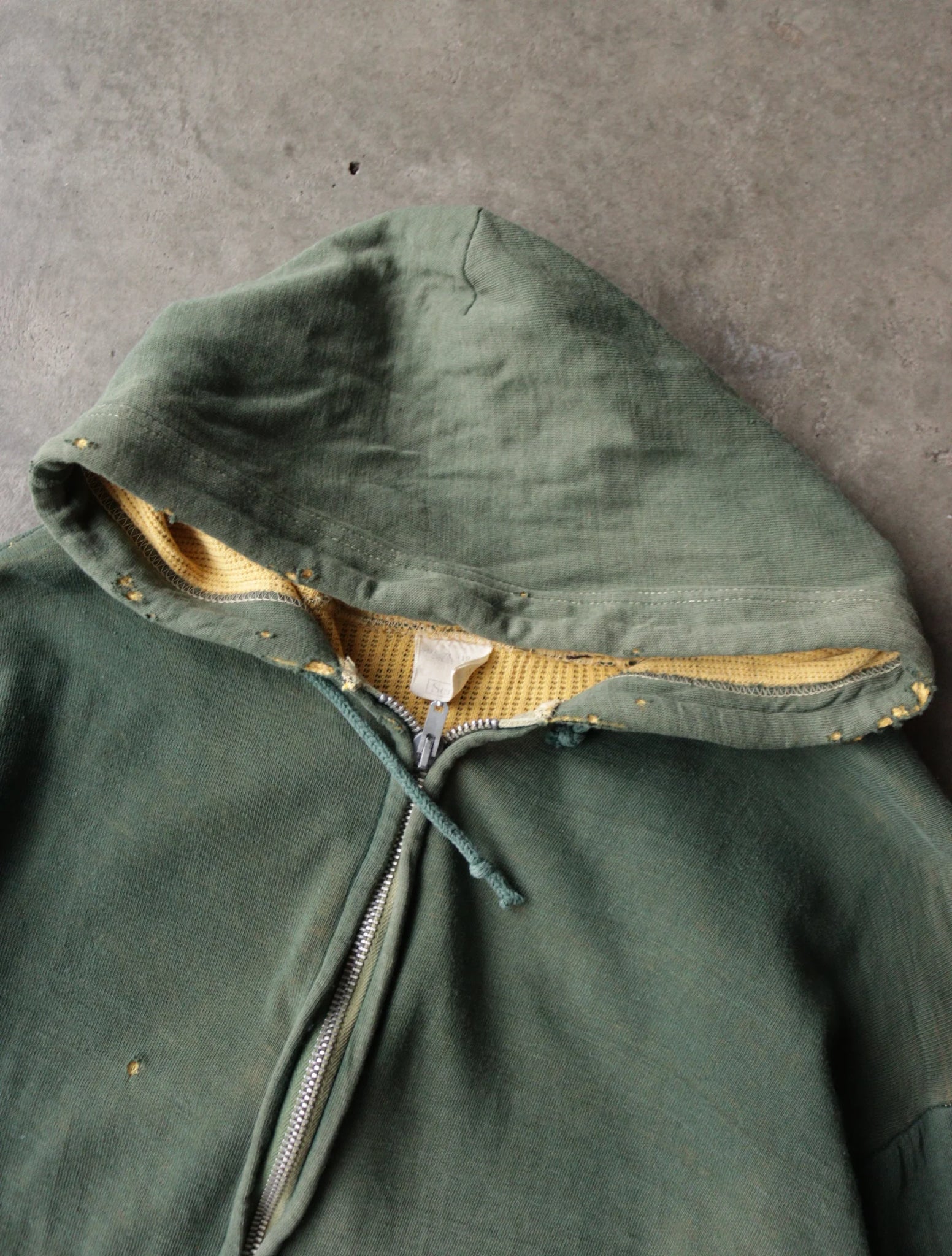 1960S FADED GREEN AND YELLOW THERMAL HOODED SWEATSHIRT