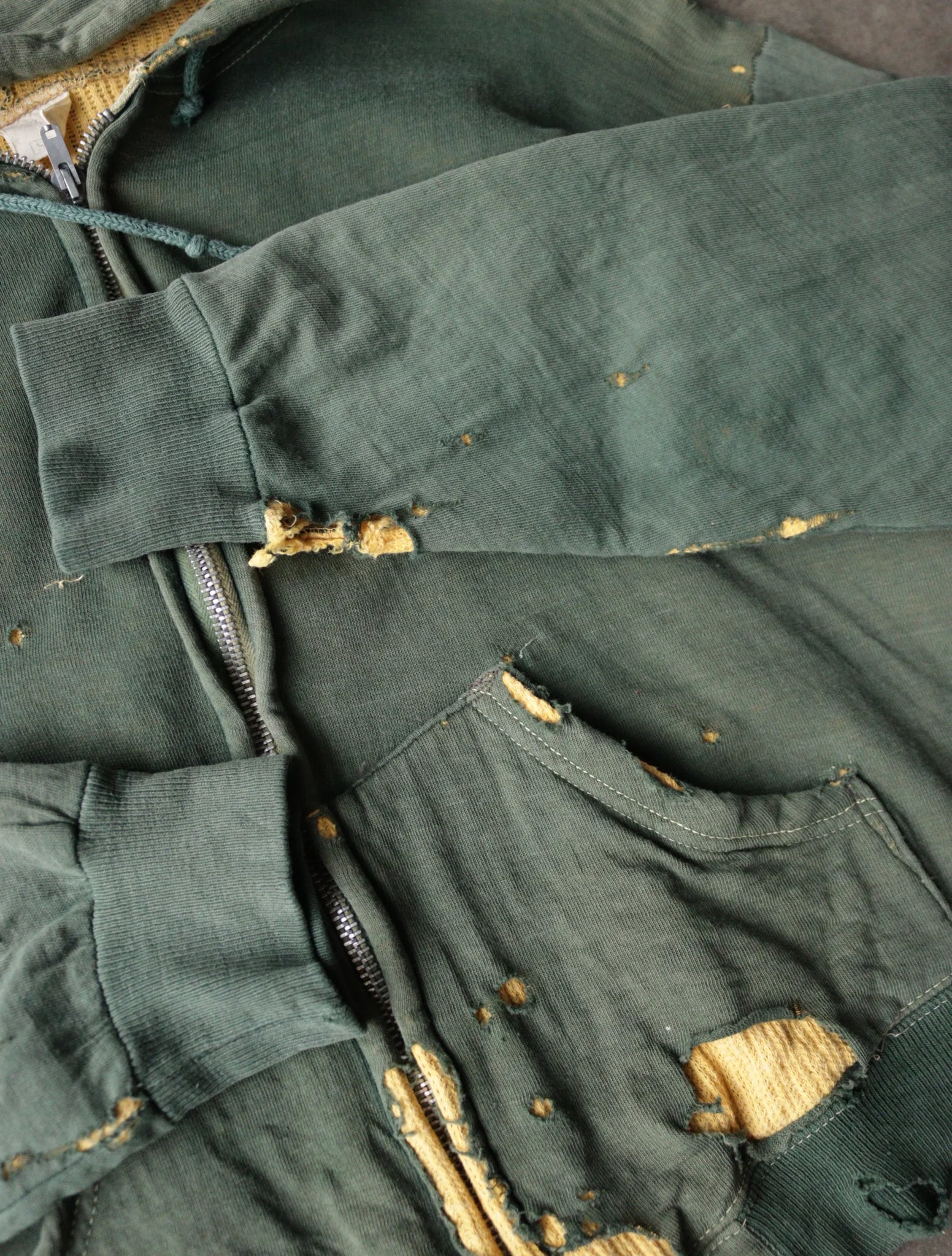 1960S FADED GREEN AND YELLOW THERMAL HOODED SWEATSHIRT