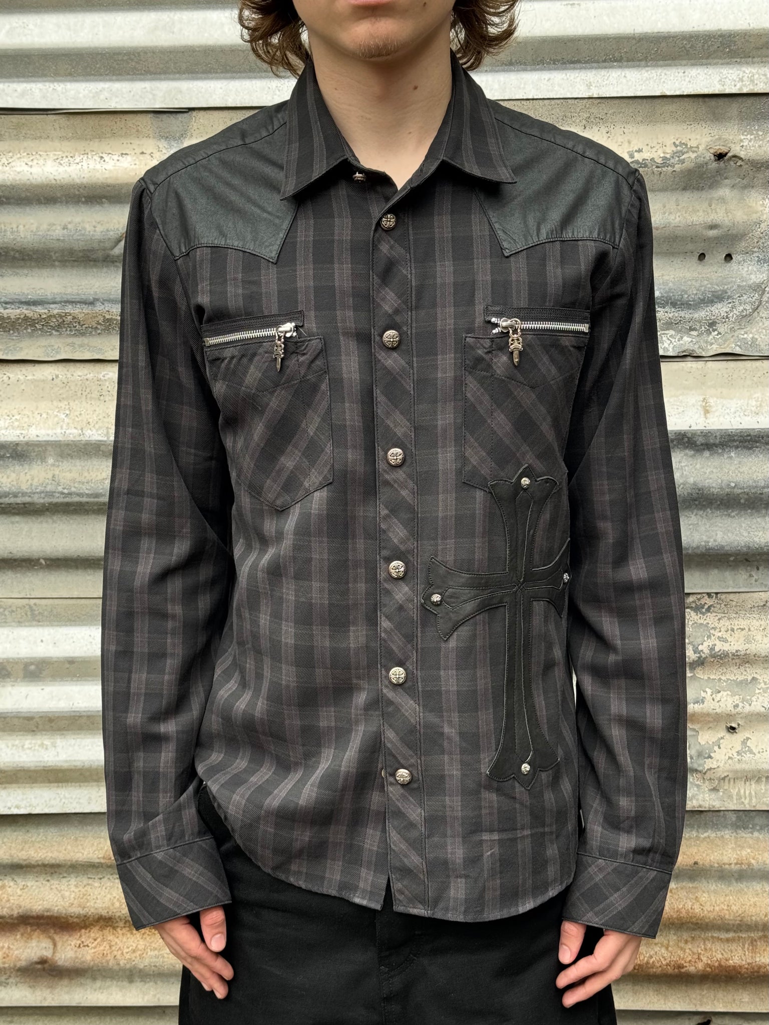 2000S CHROME HEARTS LEATHER CROSS FLANNEL BUTTON UP SHIRT