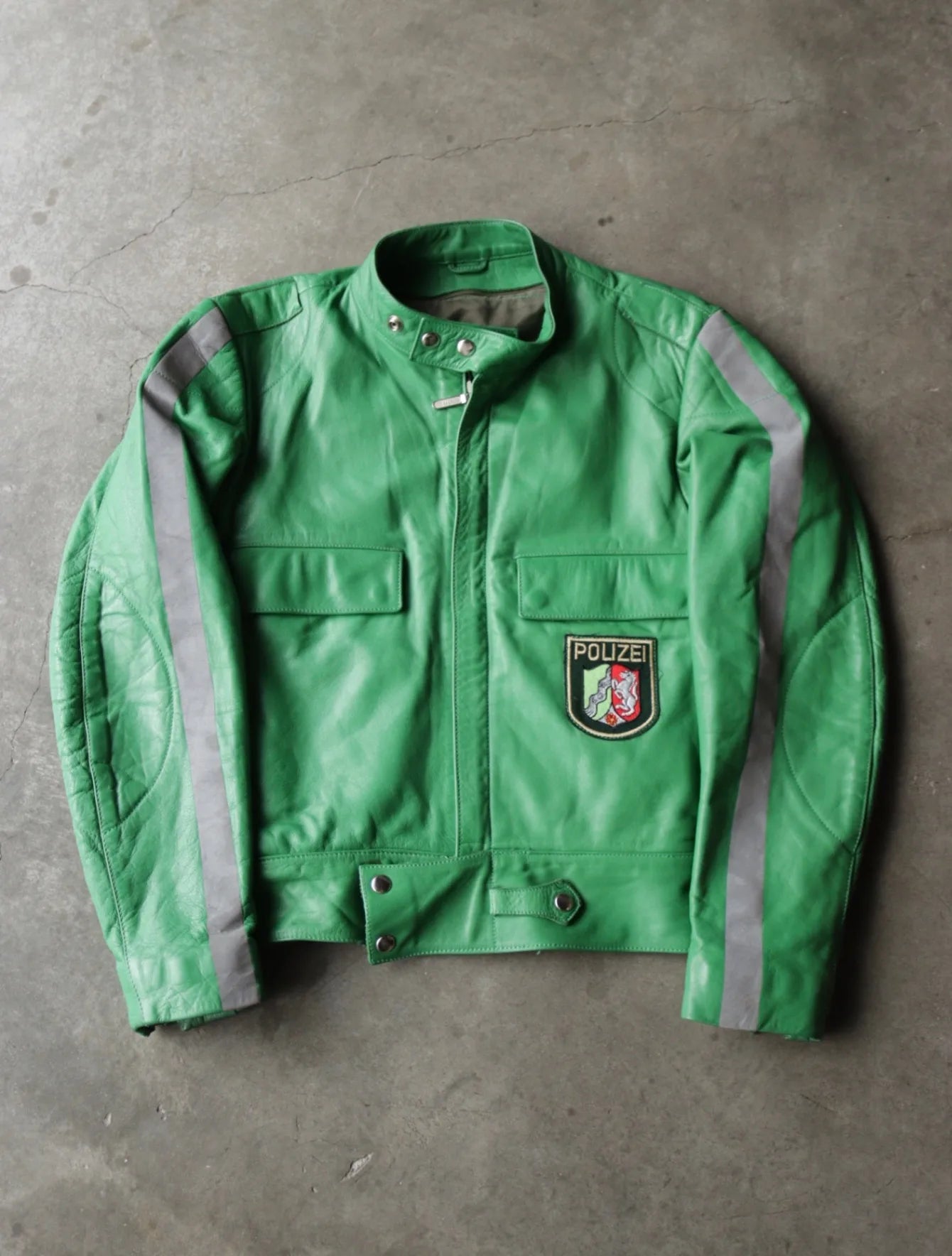 1970S POLIZEI GREEN MOTO LEATHER JACKET