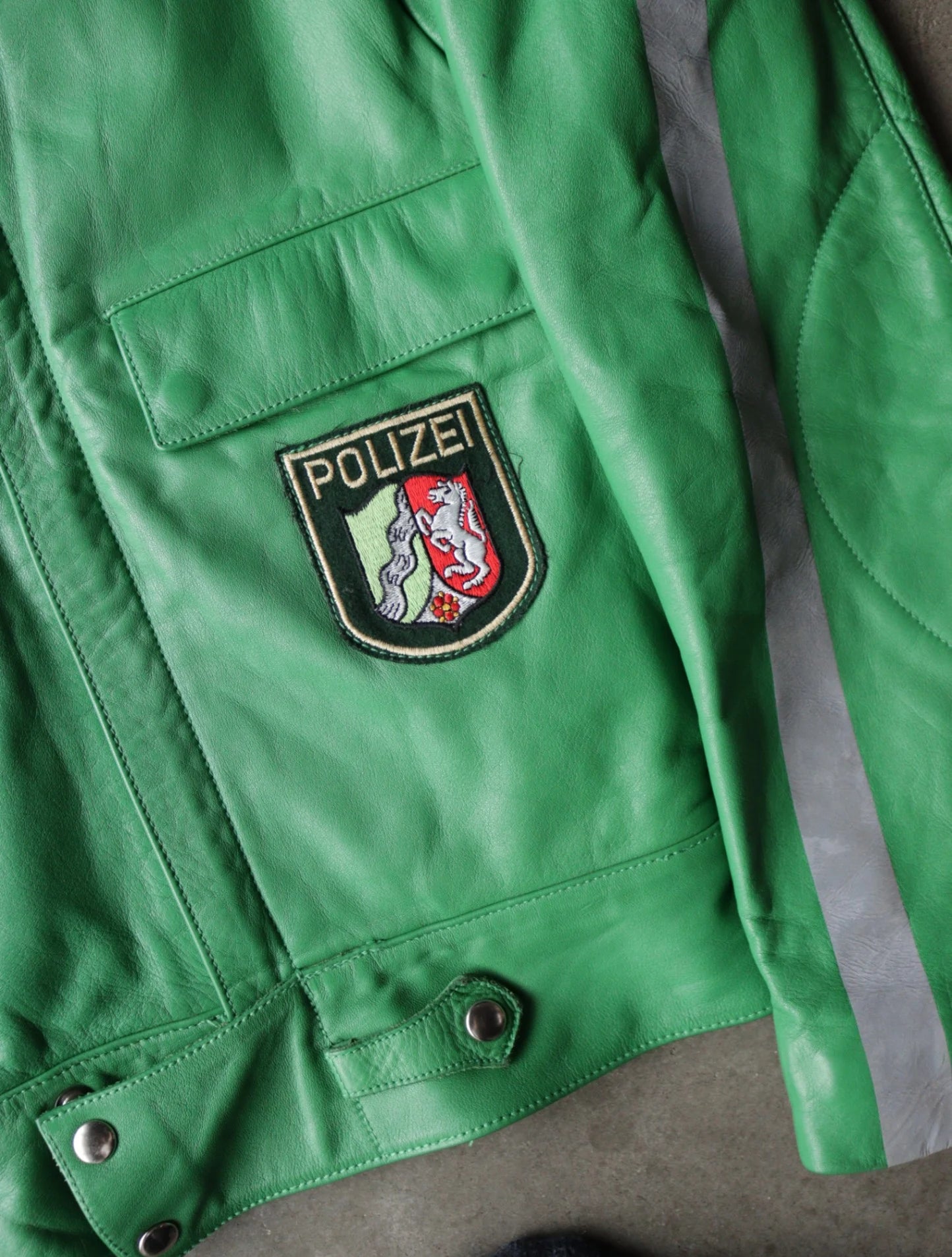 1970S POLIZEI GREEN MOTO LEATHER JACKET