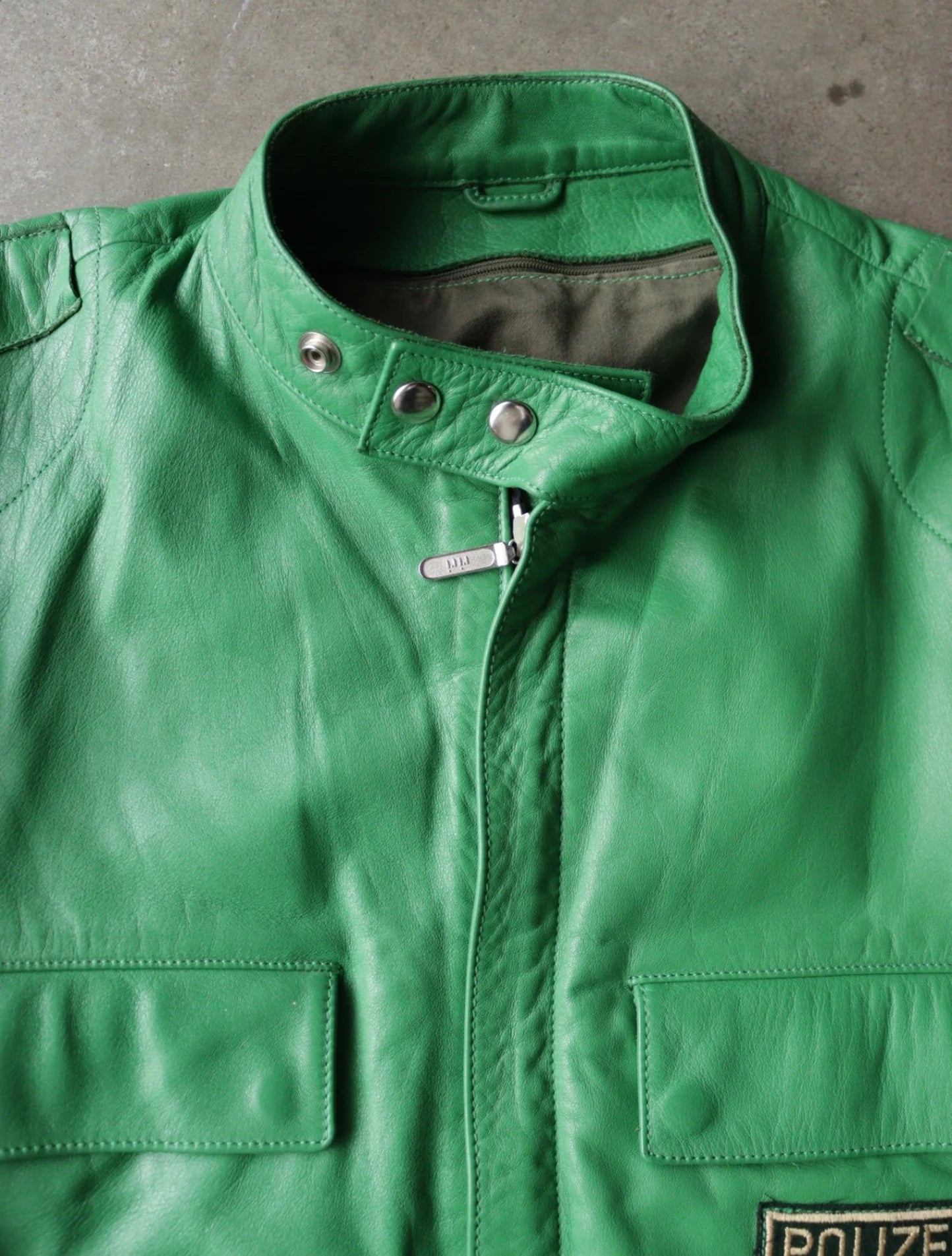 1970S POLIZEI GREEN MOTO LEATHER JACKET