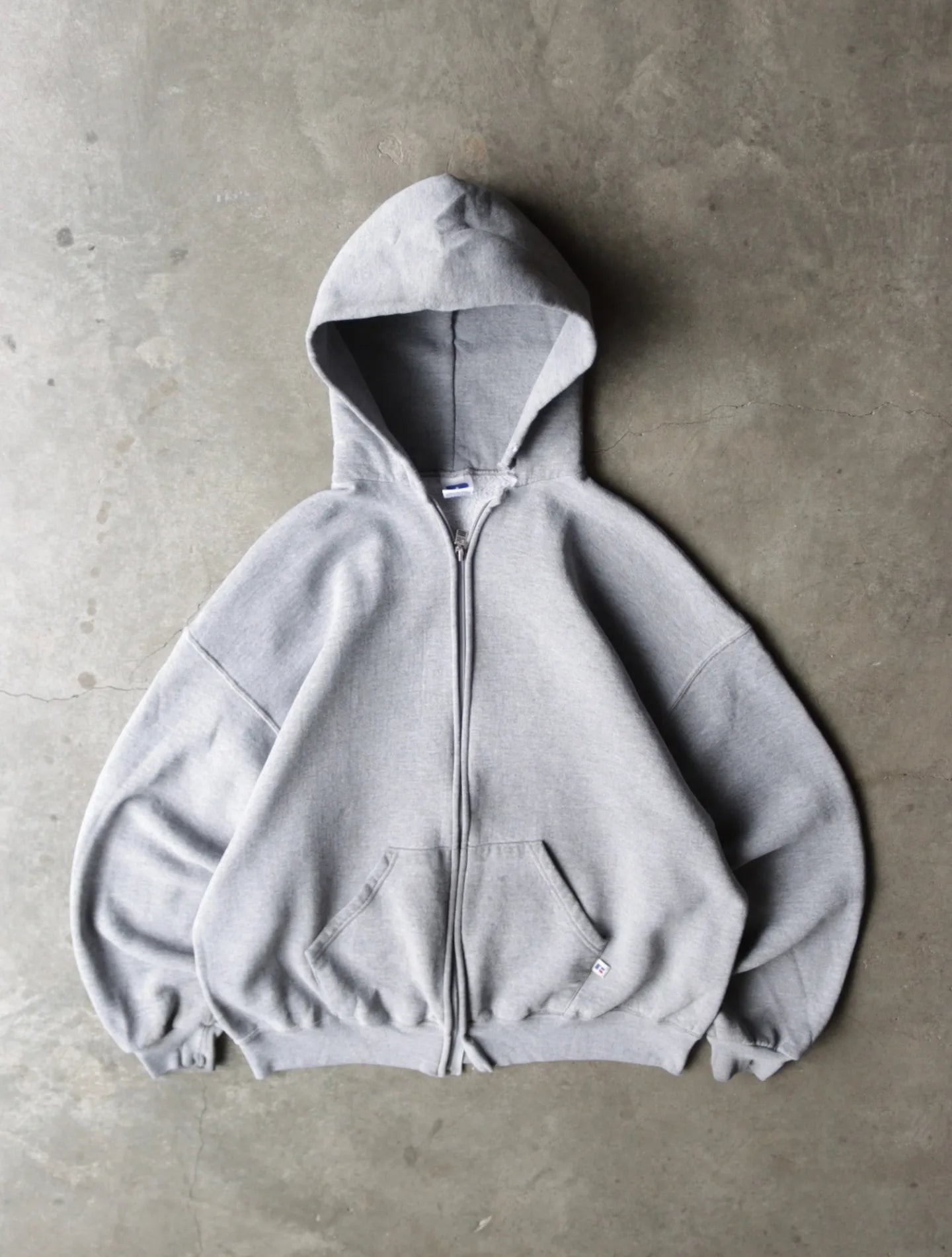 1990S RUSSELL GRAY HOODED ZIP UP SWEATSHIRT