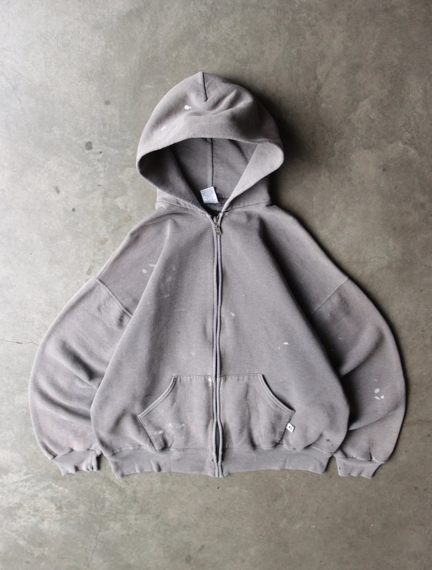 1990S RUSSELL FADED GRAY ZIP UP HOODED SWEATSHIRT