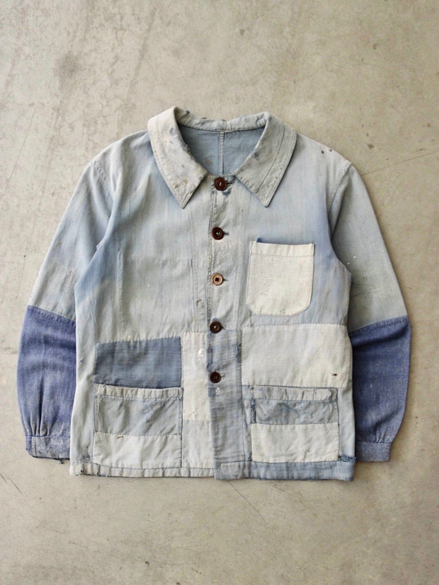 1930S/40S PATCHWORK FRENCH MOLESKIN FADED CHORE JACKET