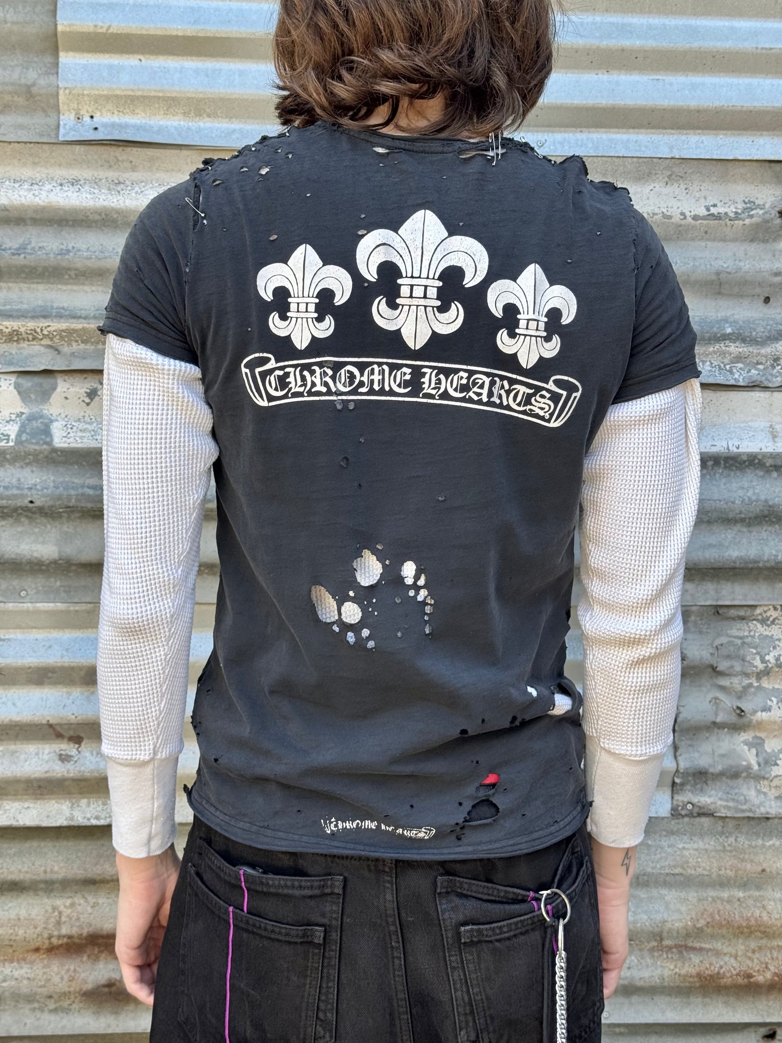 2000S CHROME HEARTS DISTRESSED SPADE LOGO TEE + VINTAGE WAFFLE THERMAL
