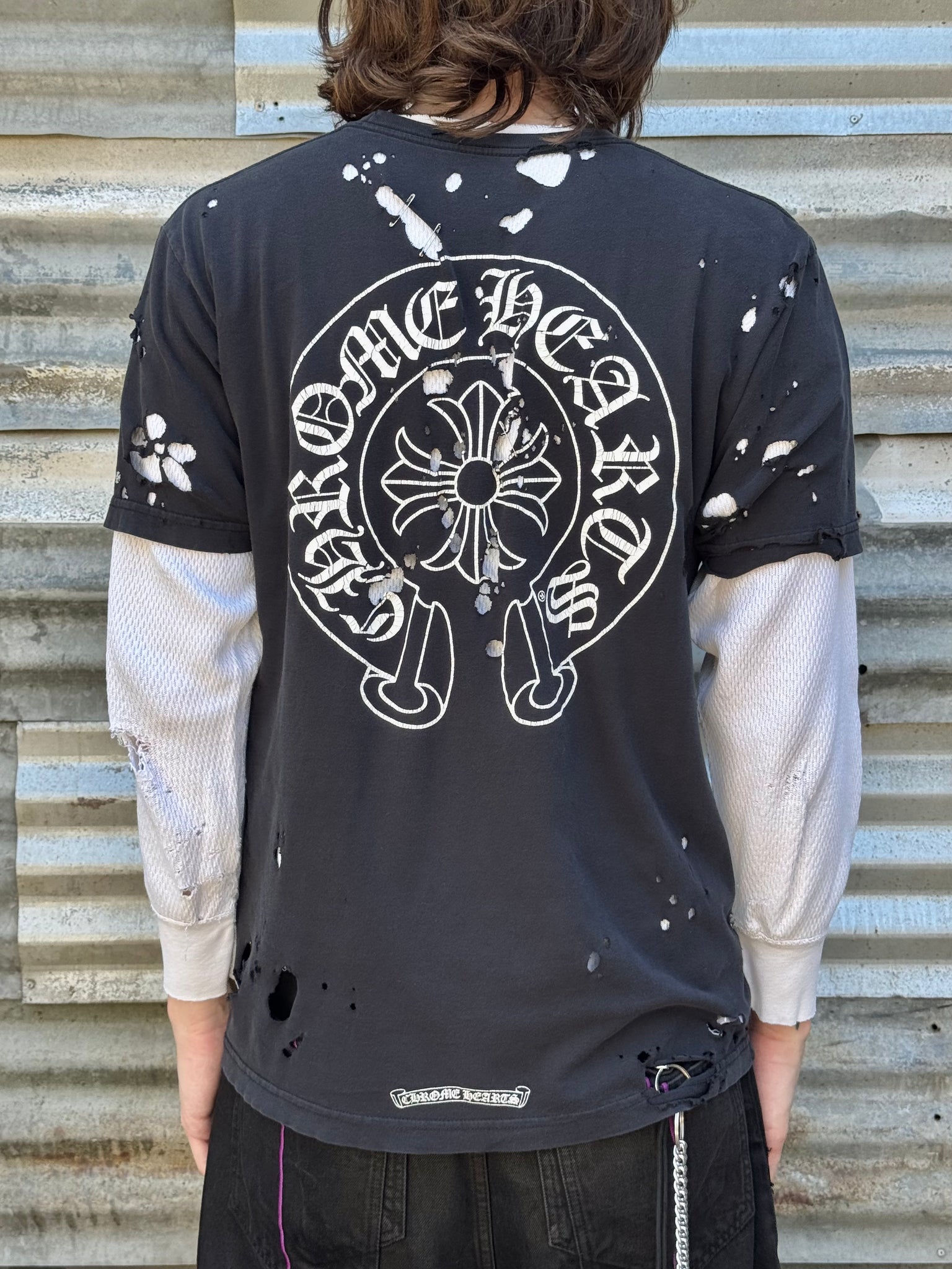 2000S CHROME HEARTS DISTRESSED HORSESHOE LOGO TEE + VINTAGE WAFFLE THERMAL