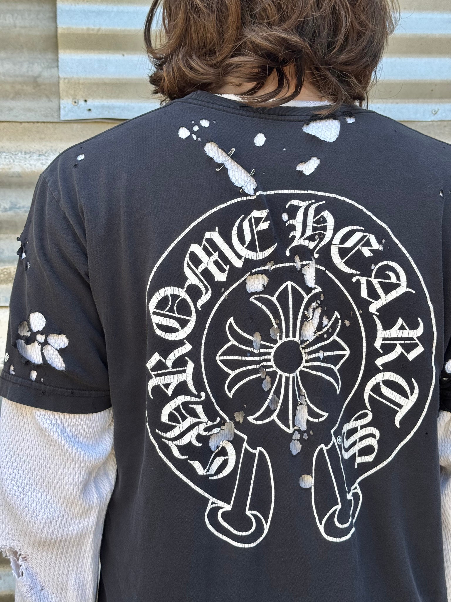 2000S CHROME HEARTS DISTRESSED HORSESHOE LOGO TEE + VINTAGE WAFFLE THERMAL