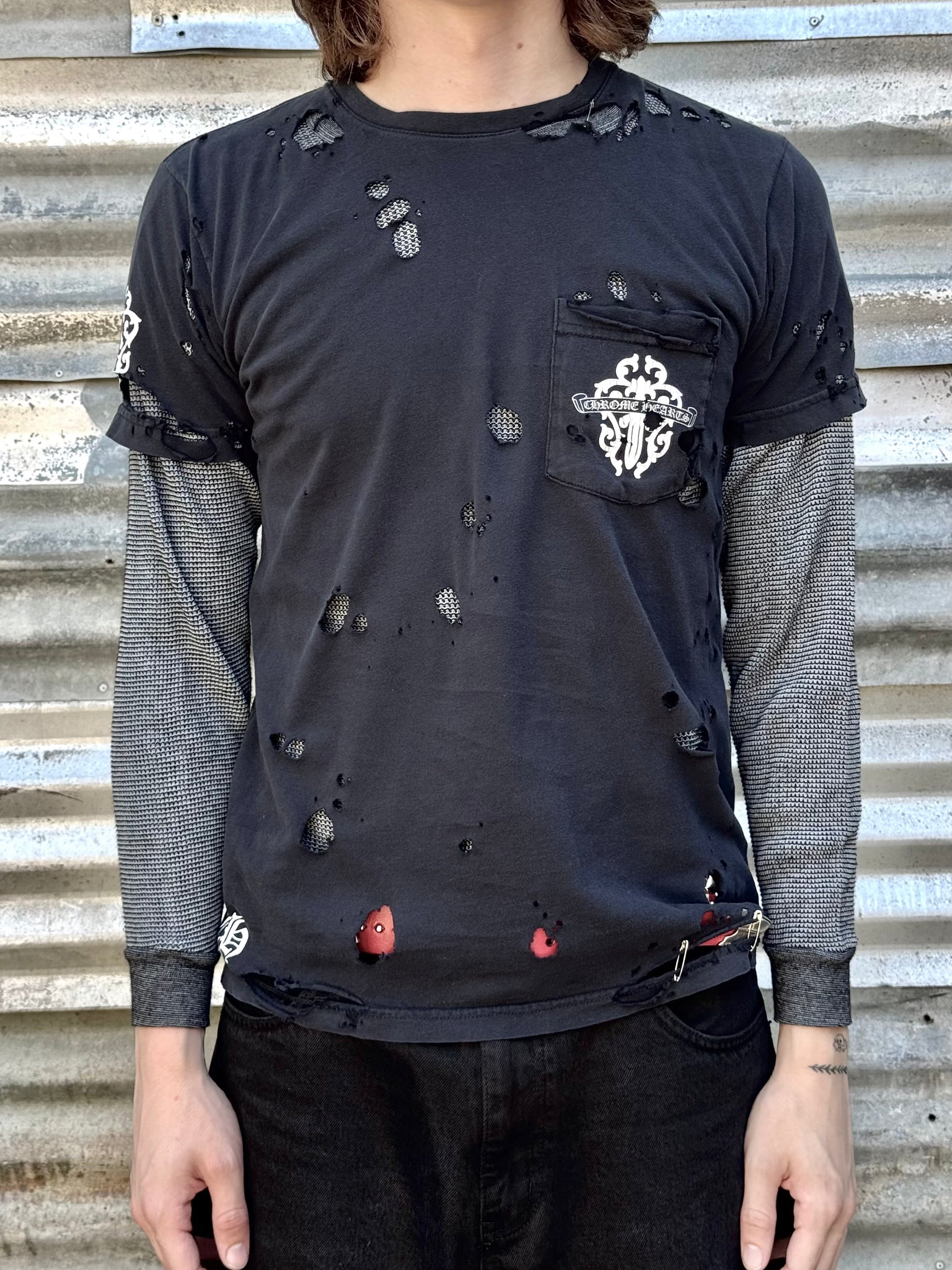 2000S CHROME HEARTS DISTRESSED DAGGER SPINE TEE + VINTAGE WAFFLE THERMAL