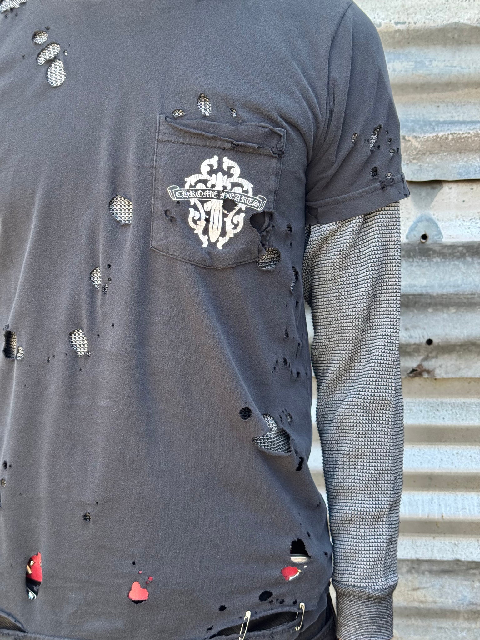 2000S CHROME HEARTS DISTRESSED DAGGER SPINE TEE + VINTAGE WAFFLE THERMAL
