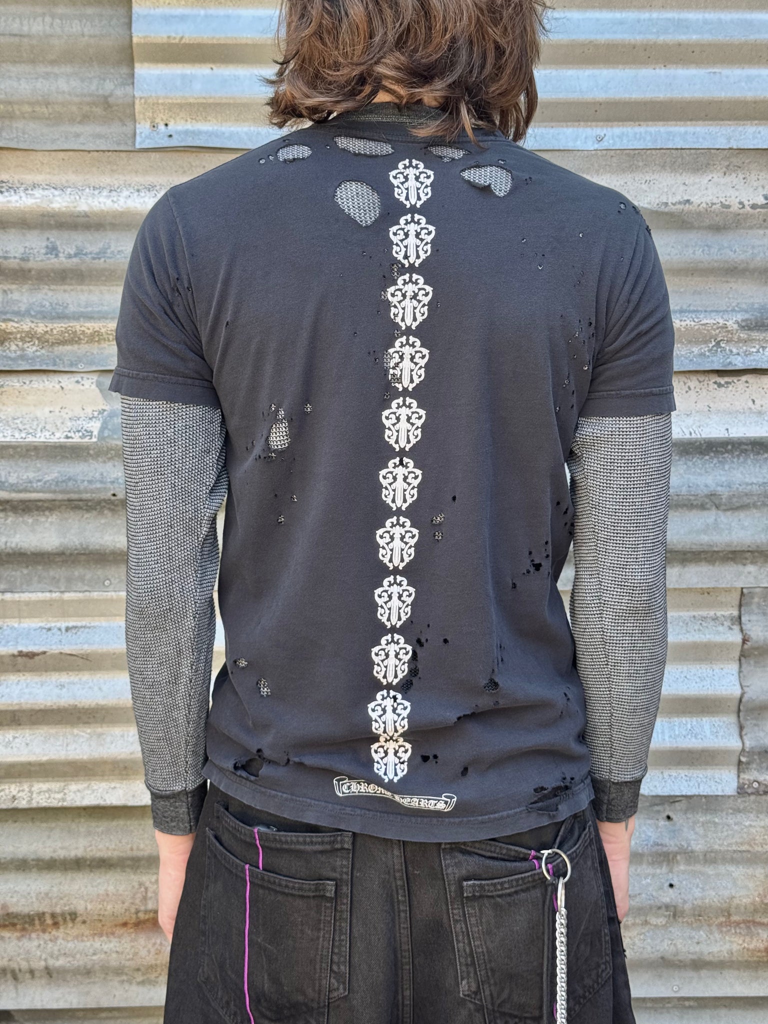 2000S CHROME HEARTS DISTRESSED DAGGER SPINE TEE + VINTAGE WAFFLE THERMAL