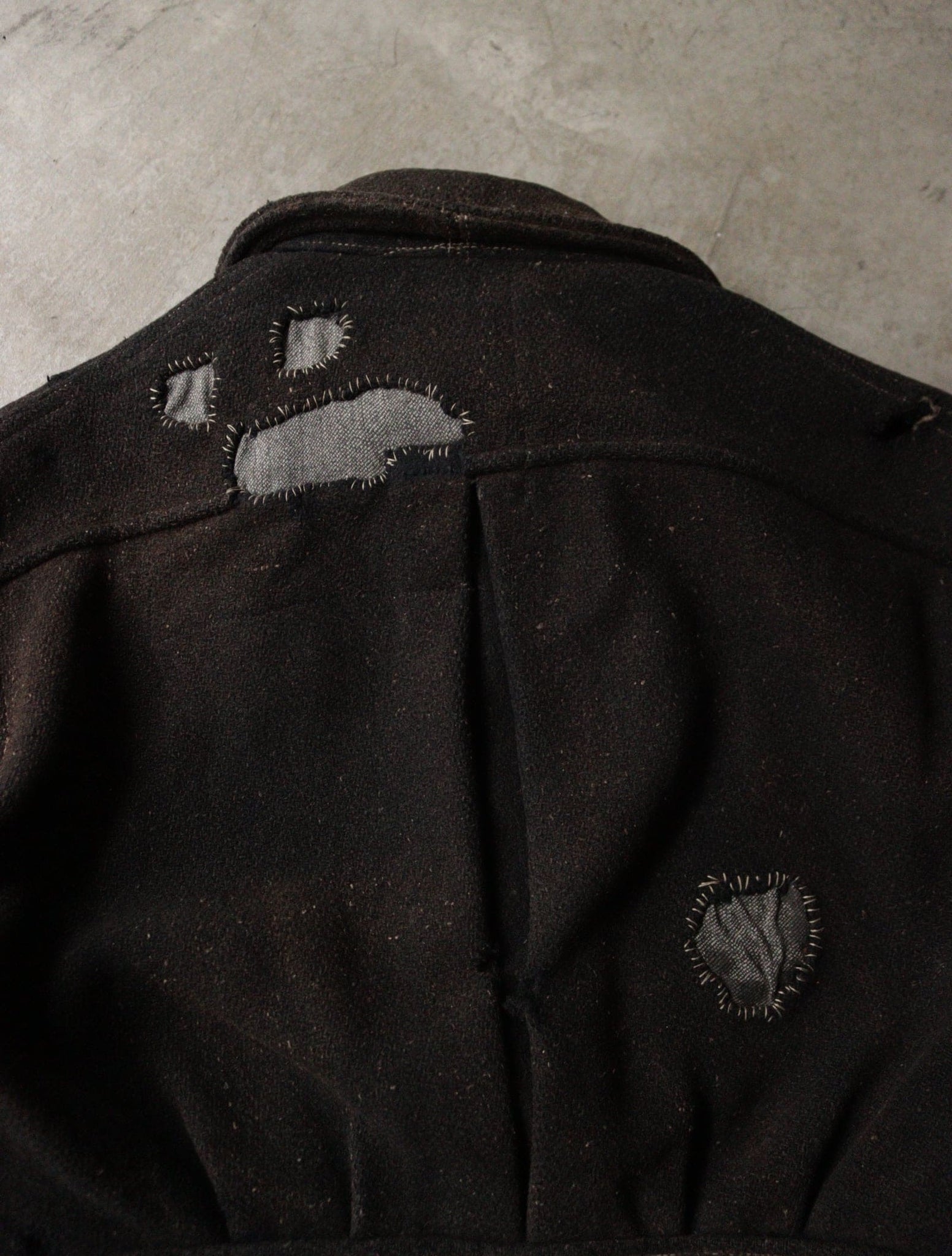 1930S SALT AND PEPPER REPAIRED DISTRESSED WOOL WORK JACKET