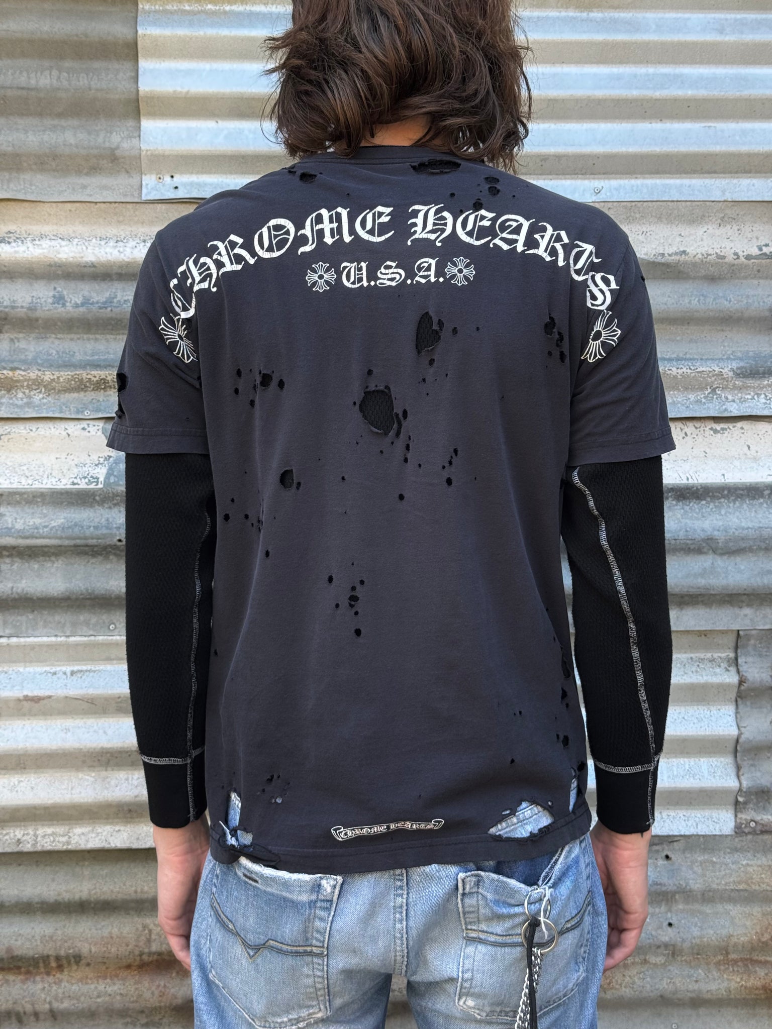 2000S CHROME HEARTS USA THRASHED TEE + VTG WAFFLE THERMAL