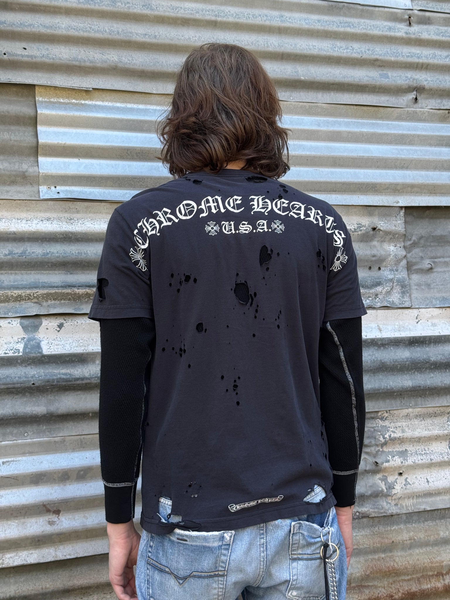 2000S CHROME HEARTS USA THRASHED TEE + VTG WAFFLE THERMAL