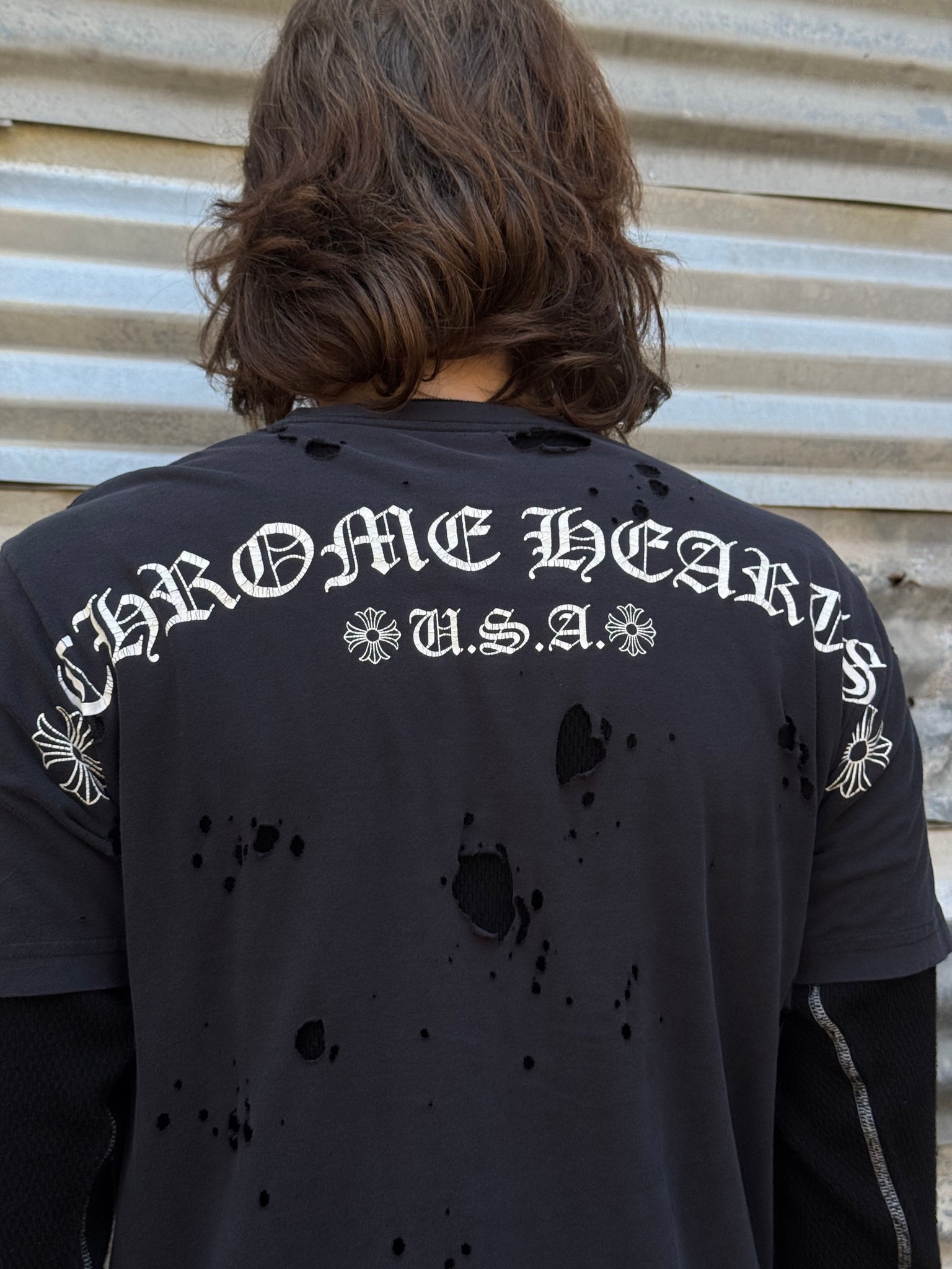 2000S CHROME HEARTS USA THRASHED TEE + VTG WAFFLE THERMAL