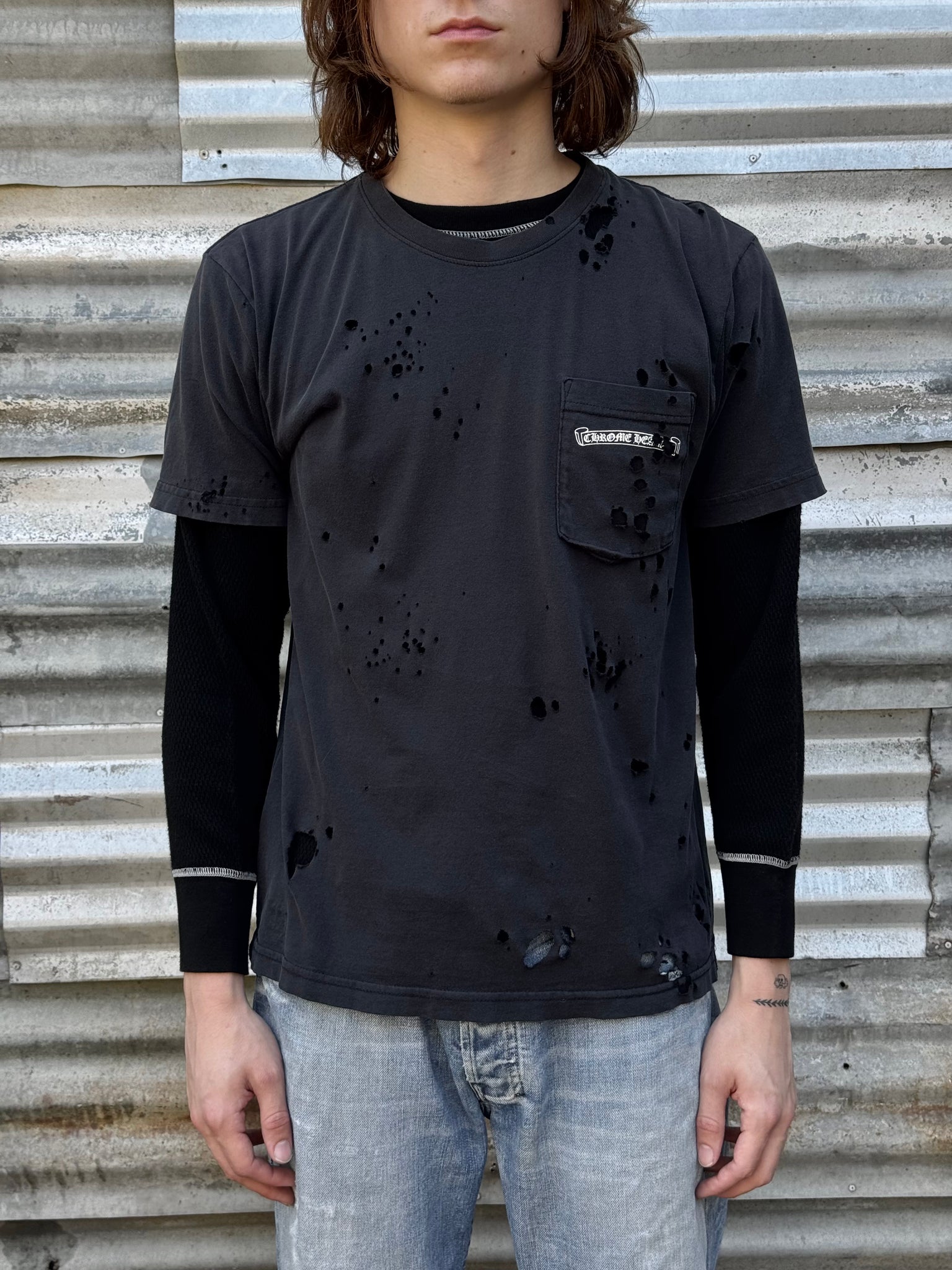 2000S CHROME HEARTS USA THRASHED TEE + VTG WAFFLE THERMAL