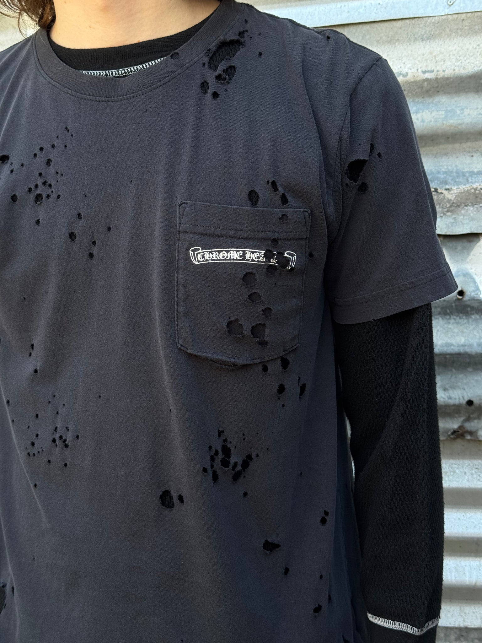 2000S CHROME HEARTS USA THRASHED TEE + VTG WAFFLE THERMAL