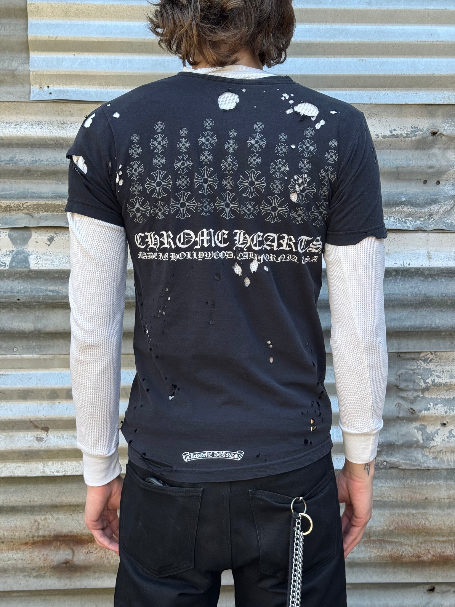 2000S CHROME HEARTS THRASHED HOLLYWOOD TEE + 70S THERMAL SHIRT