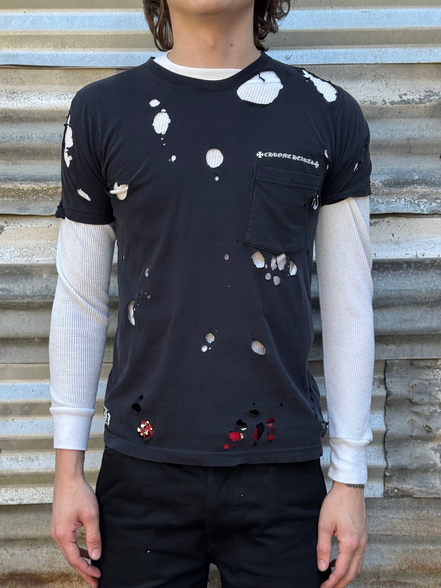 2000S CHROME HEARTS THRASHED HOLLYWOOD TEE + 70S THERMAL SHIRT