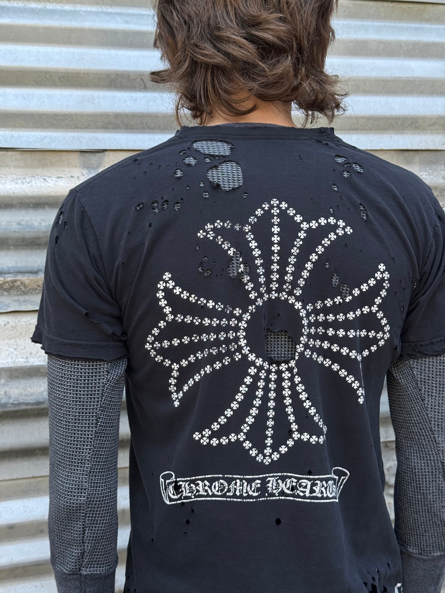 2000S CHROME HEARTS THRASHED CROSS TEE + VTG THERMAL SHIRT