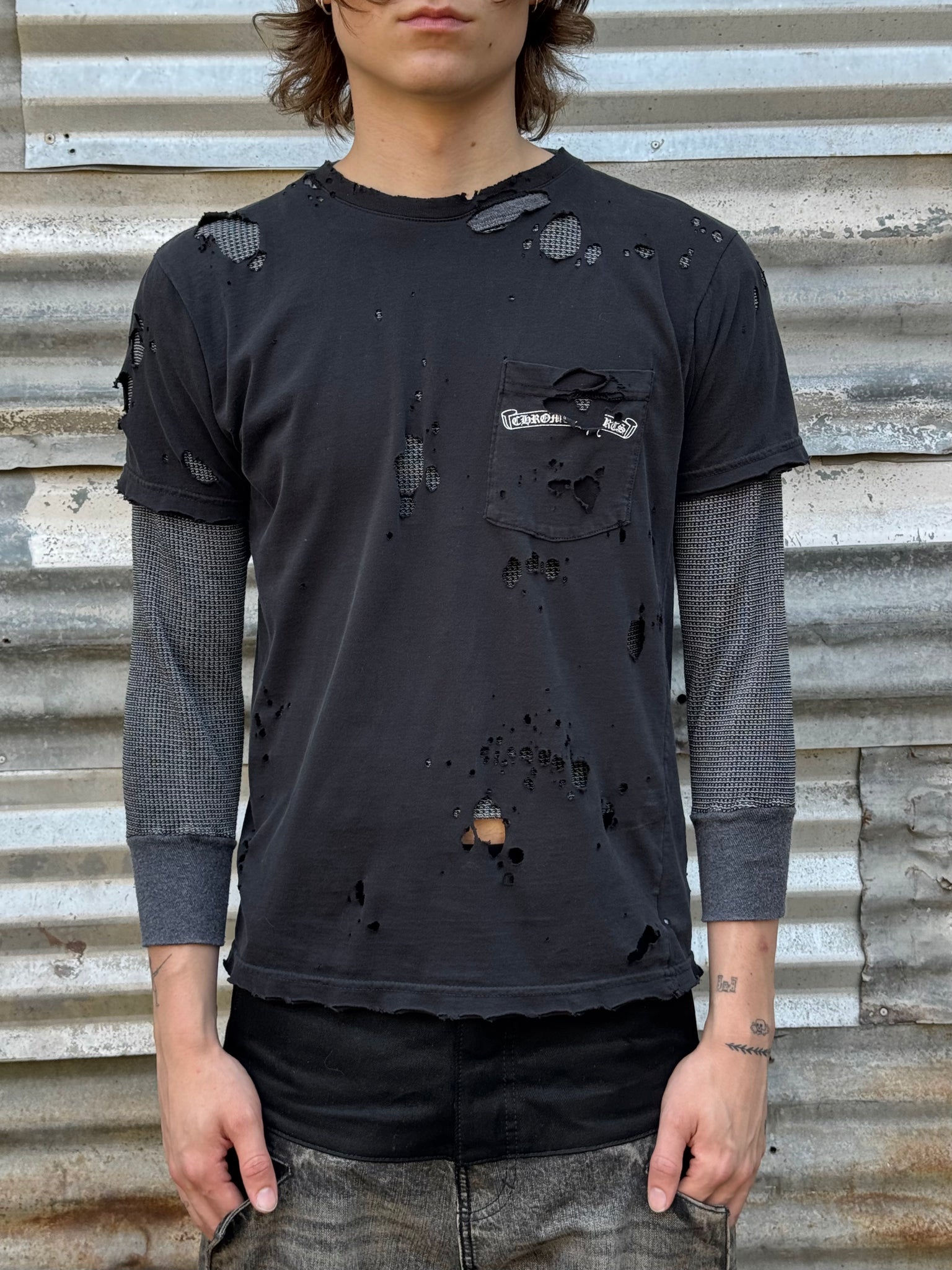 2000S CHROME HEARTS THRASHED CROSS TEE + VTG THERMAL SHIRT