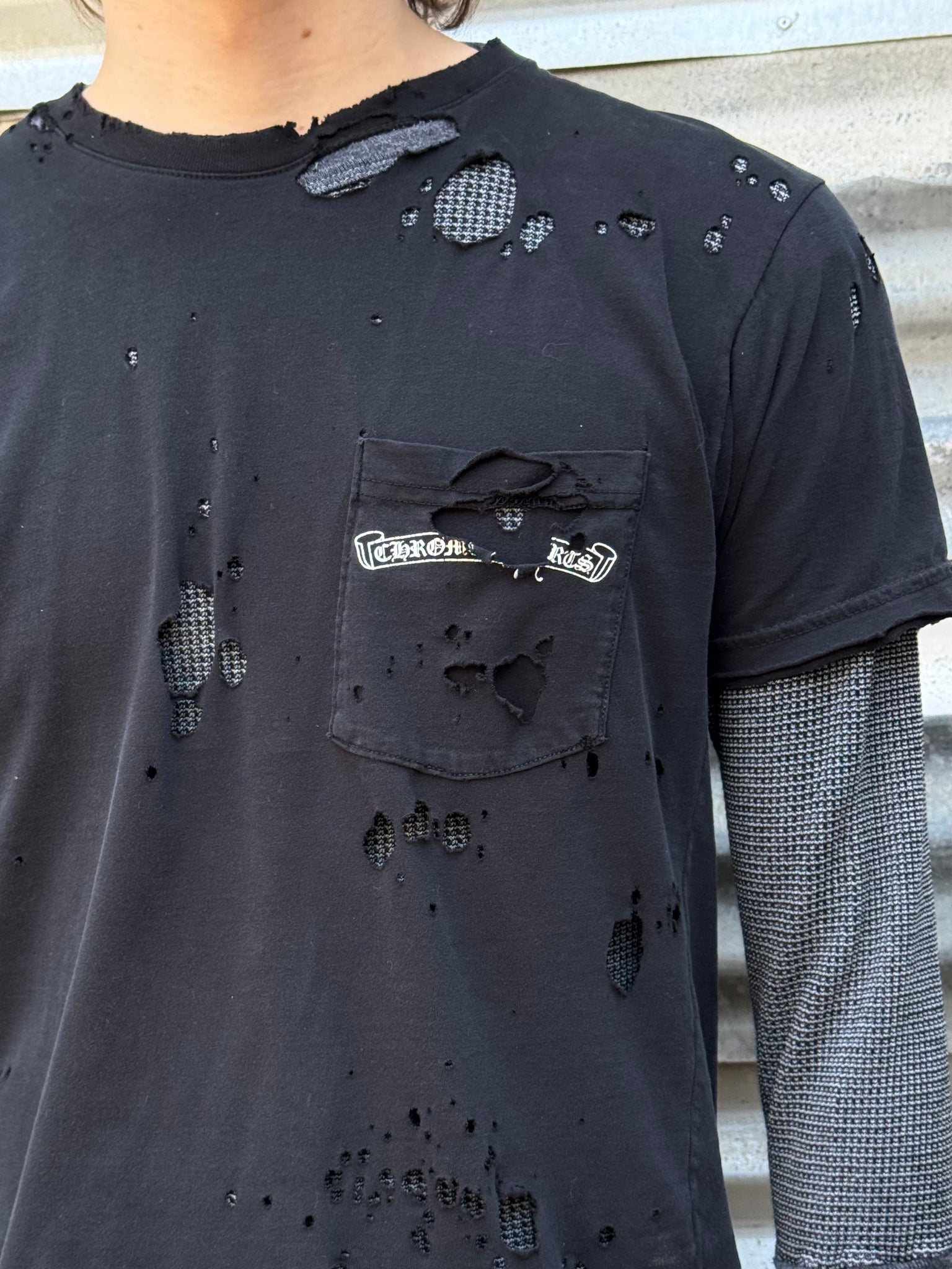 2000S CHROME HEARTS THRASHED CROSS TEE + VTG THERMAL SHIRT