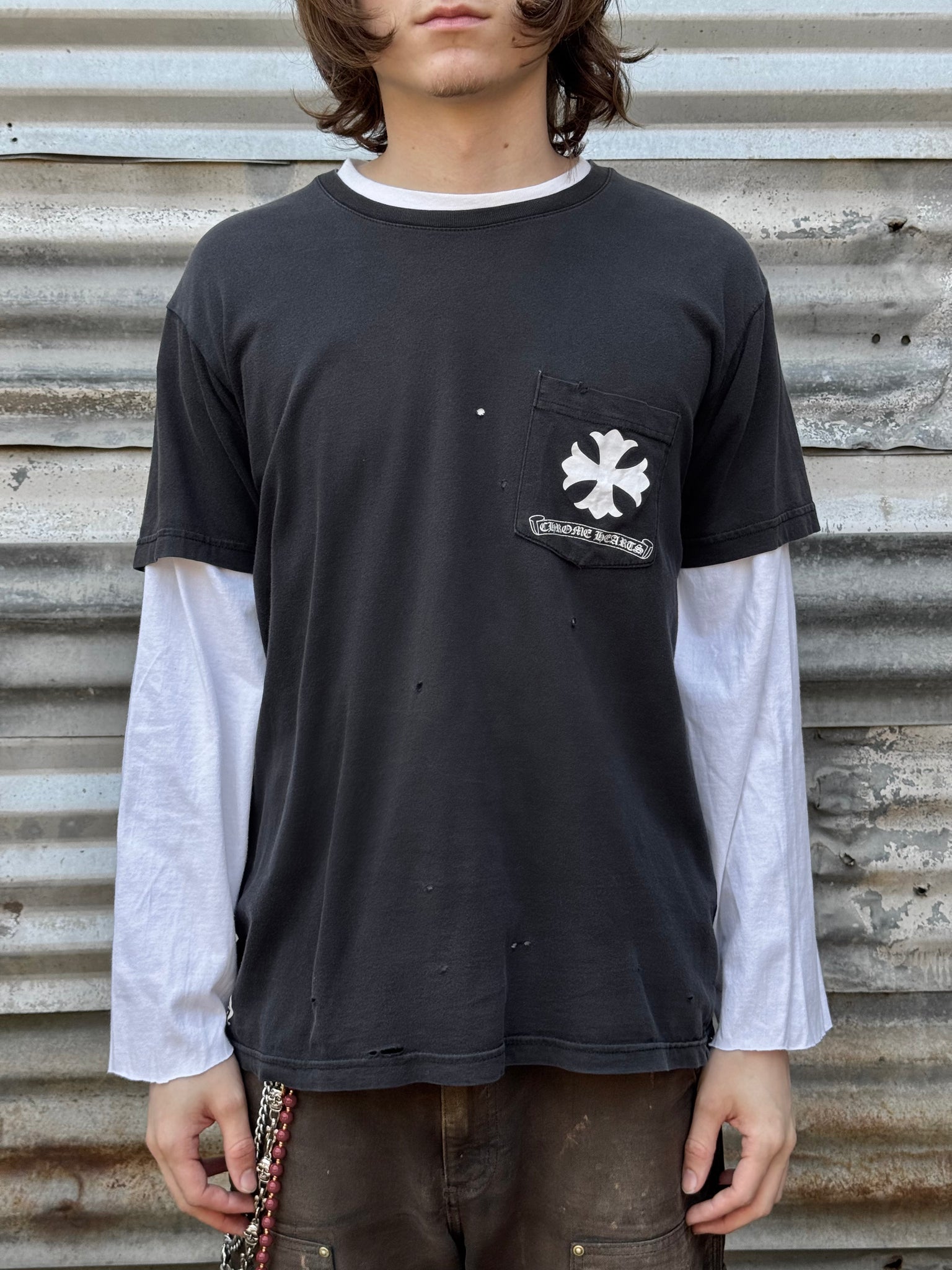 2000S CHROME HEARTS MULTI CROSS DISTRESSED TEE + WHITE LONGSLEEVE TEE