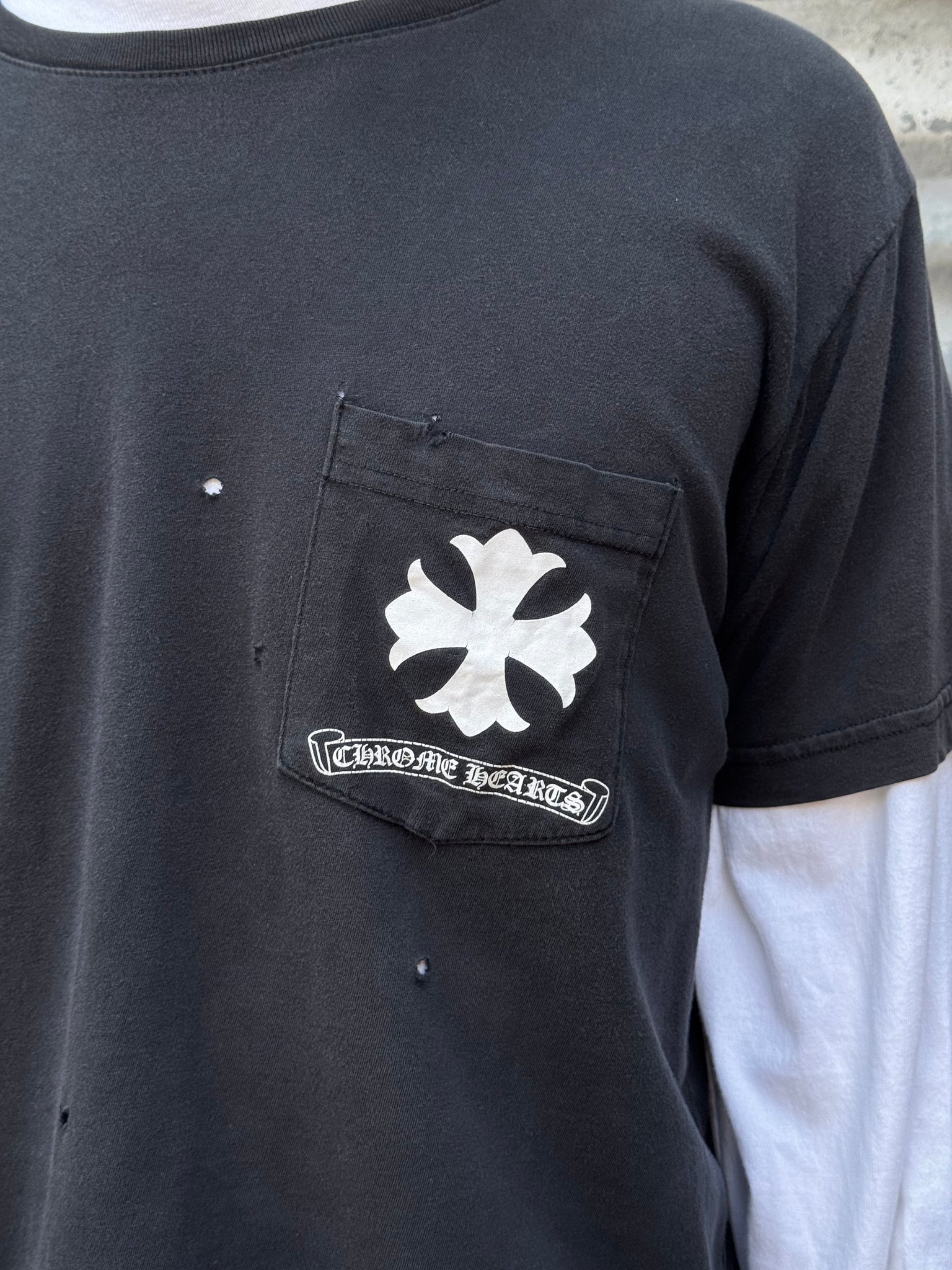 2000S CHROME HEARTS MULTI CROSS DISTRESSED TEE + WHITE LONGSLEEVE TEE