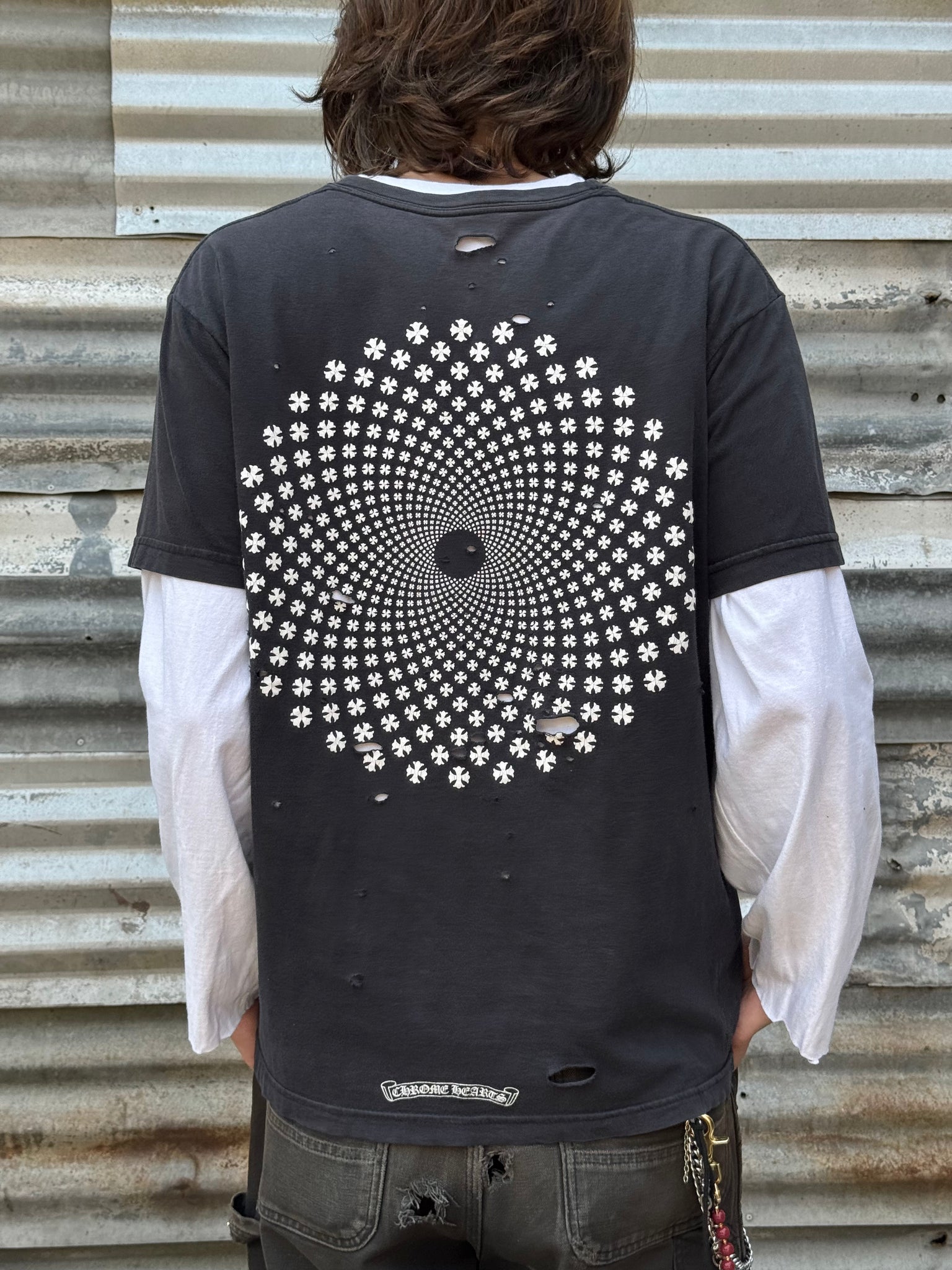 2000S CHROME HEARTS MULTI CROSS DISTRESSED TEE + WHITE LONGSLEEVE TEE