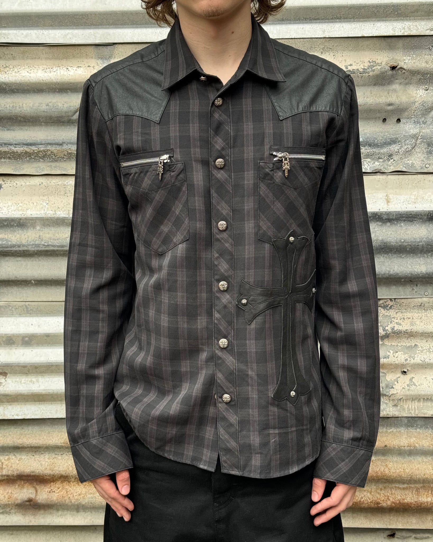 2000S CHROME HEARTS LEATHER CROSS FLANNEL BUTTON UP SHIRT
