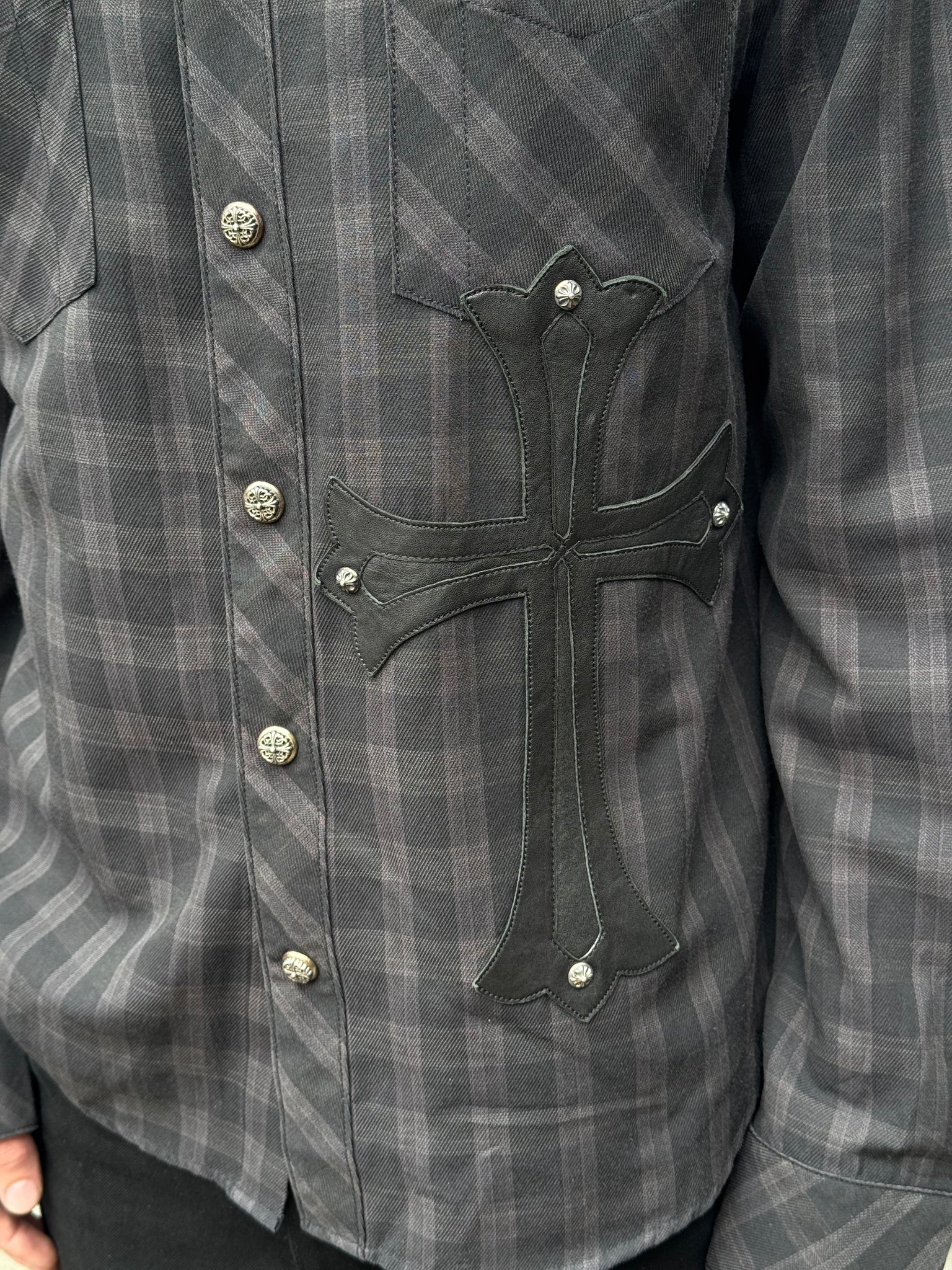2000S CHROME HEARTS LEATHER CROSS FLANNEL BUTTON UP SHIRT