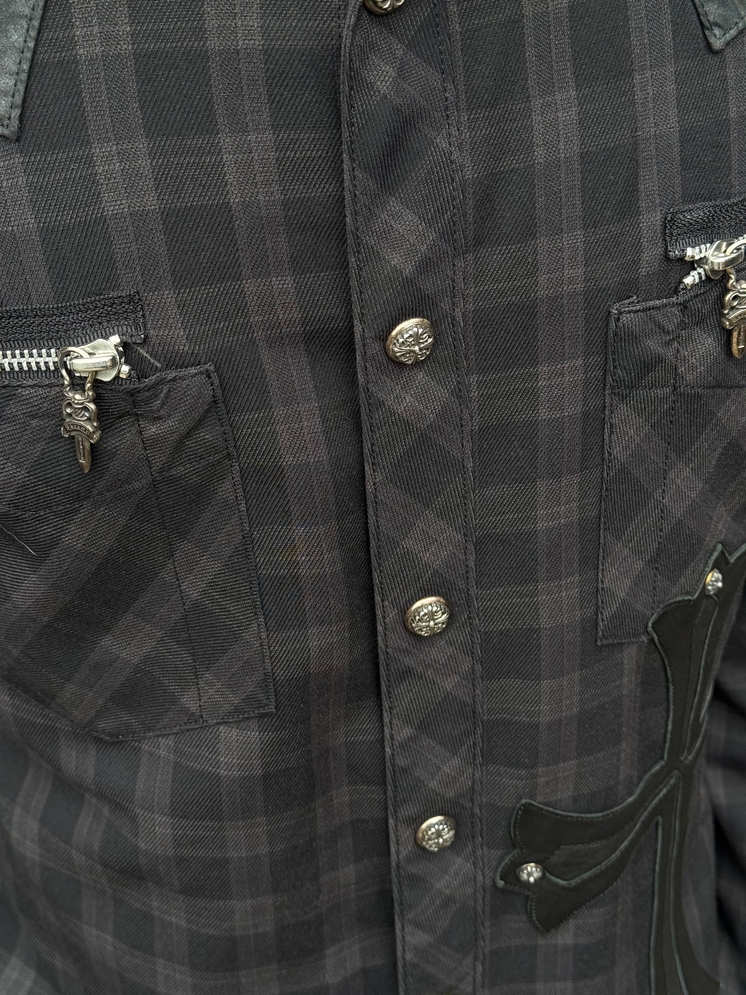 2000S CHROME HEARTS LEATHER CROSS FLANNEL BUTTON UP SHIRT