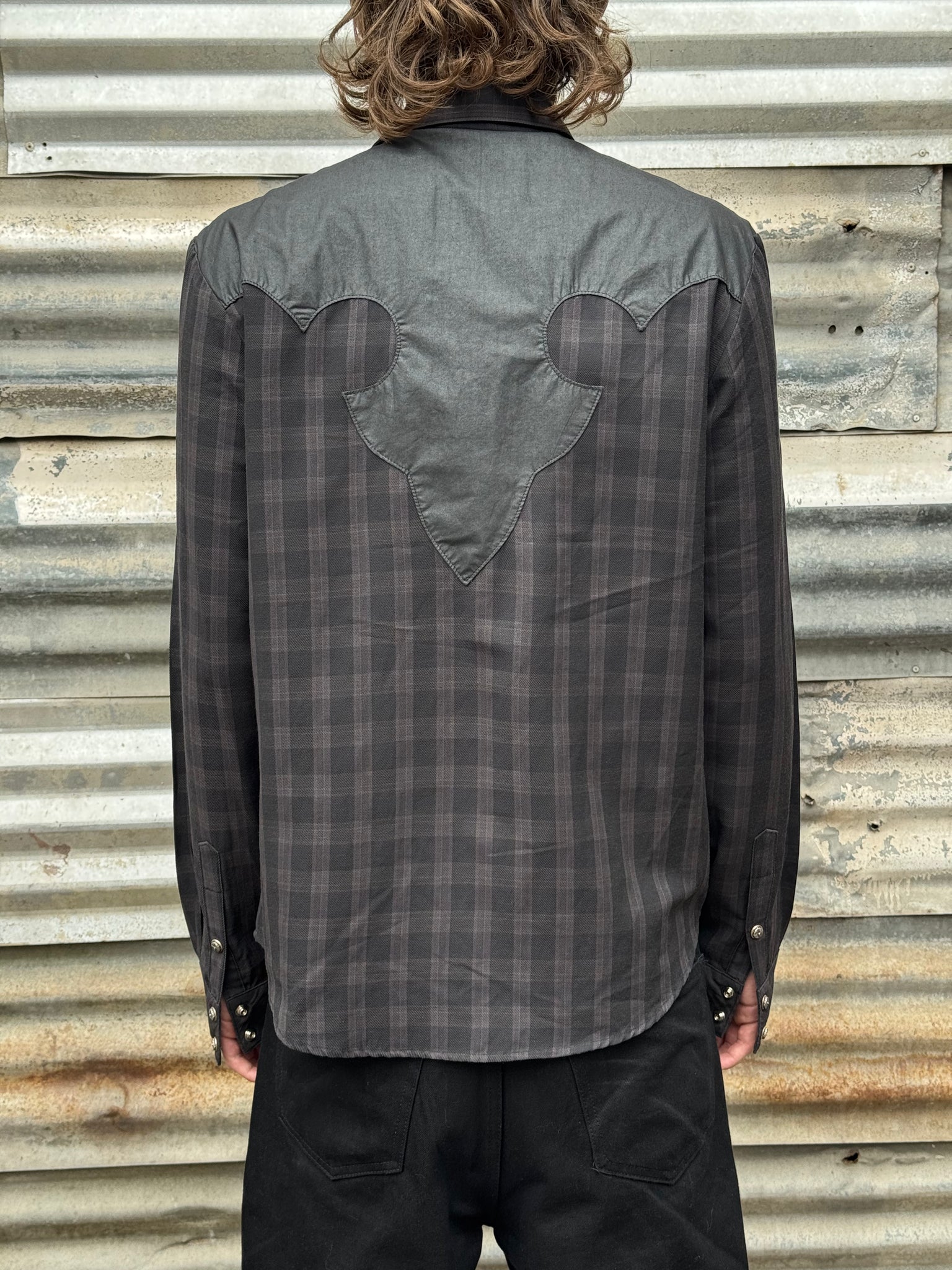 2000S CHROME HEARTS LEATHER CROSS FLANNEL BUTTON UP SHIRT