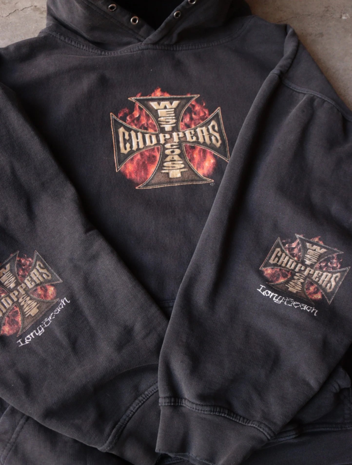 2000S FADED BOXY WEST COAST CHOPPERS FLAME HOODED SWEATSHIRT