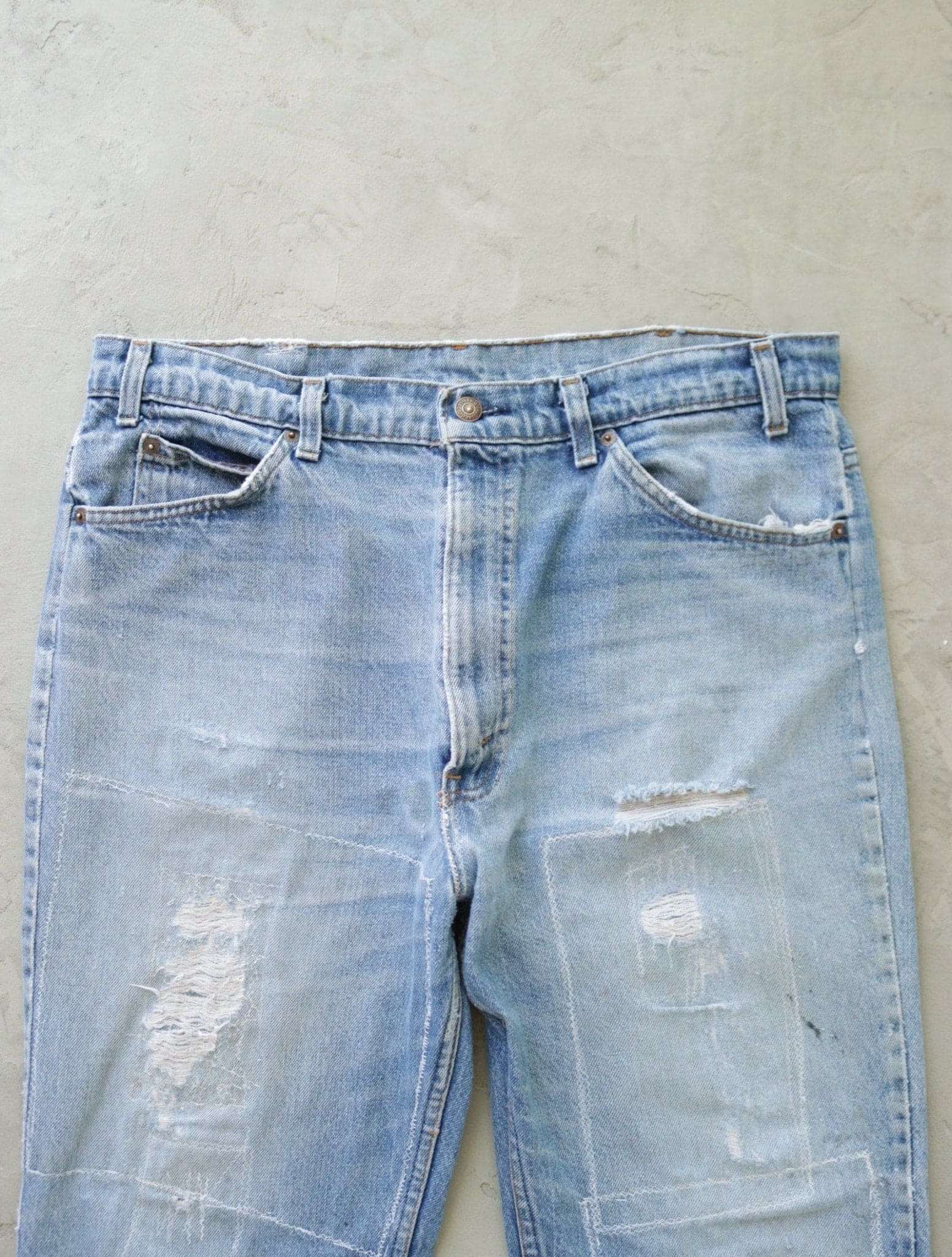 1970S LEVI'S 517 ORANGE TAB REPAIRED DENIM PANTS - TWO FOLD