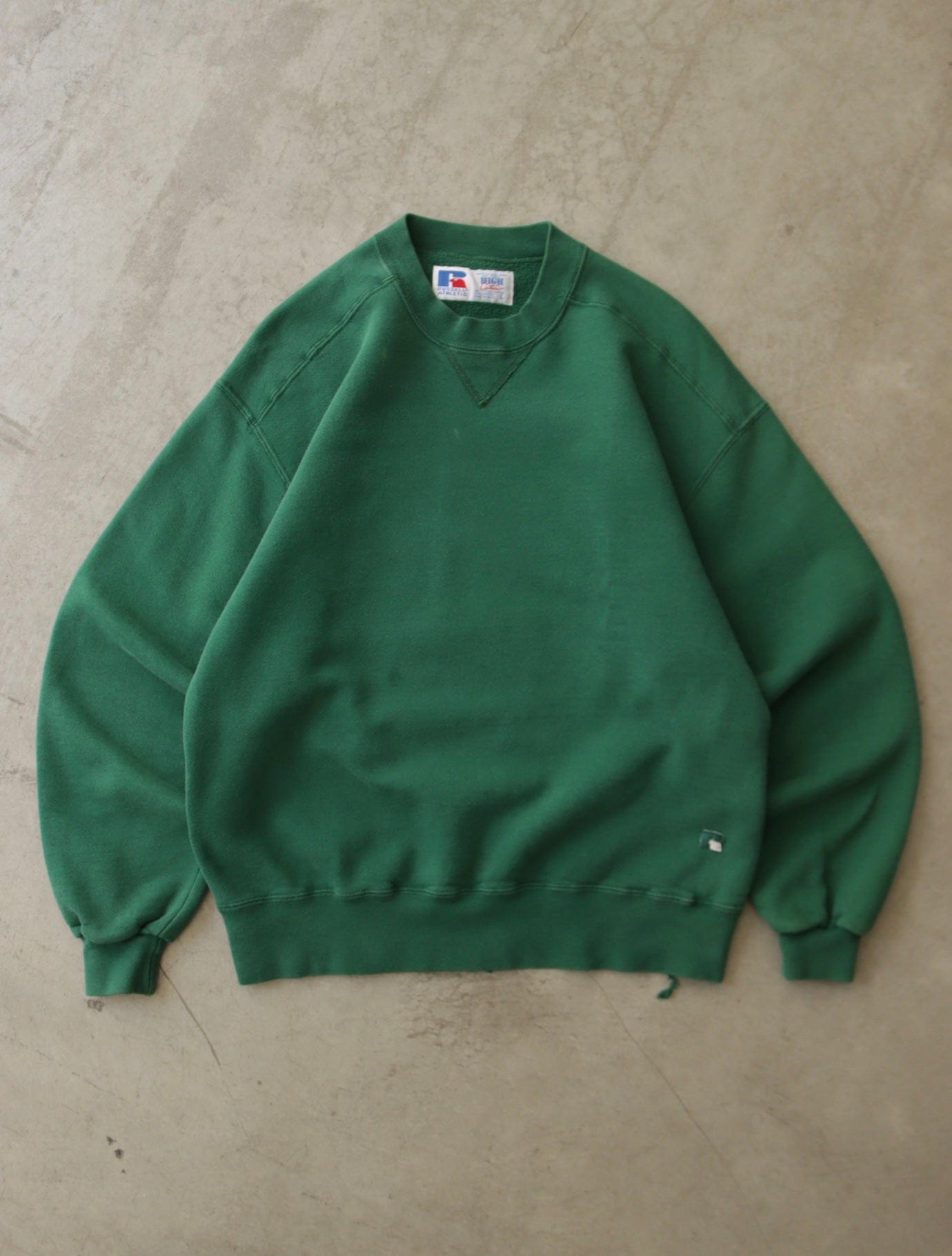 1990S DISTRESSED GREEN RUSSELL SWEATSHIRT - TWO FOLD