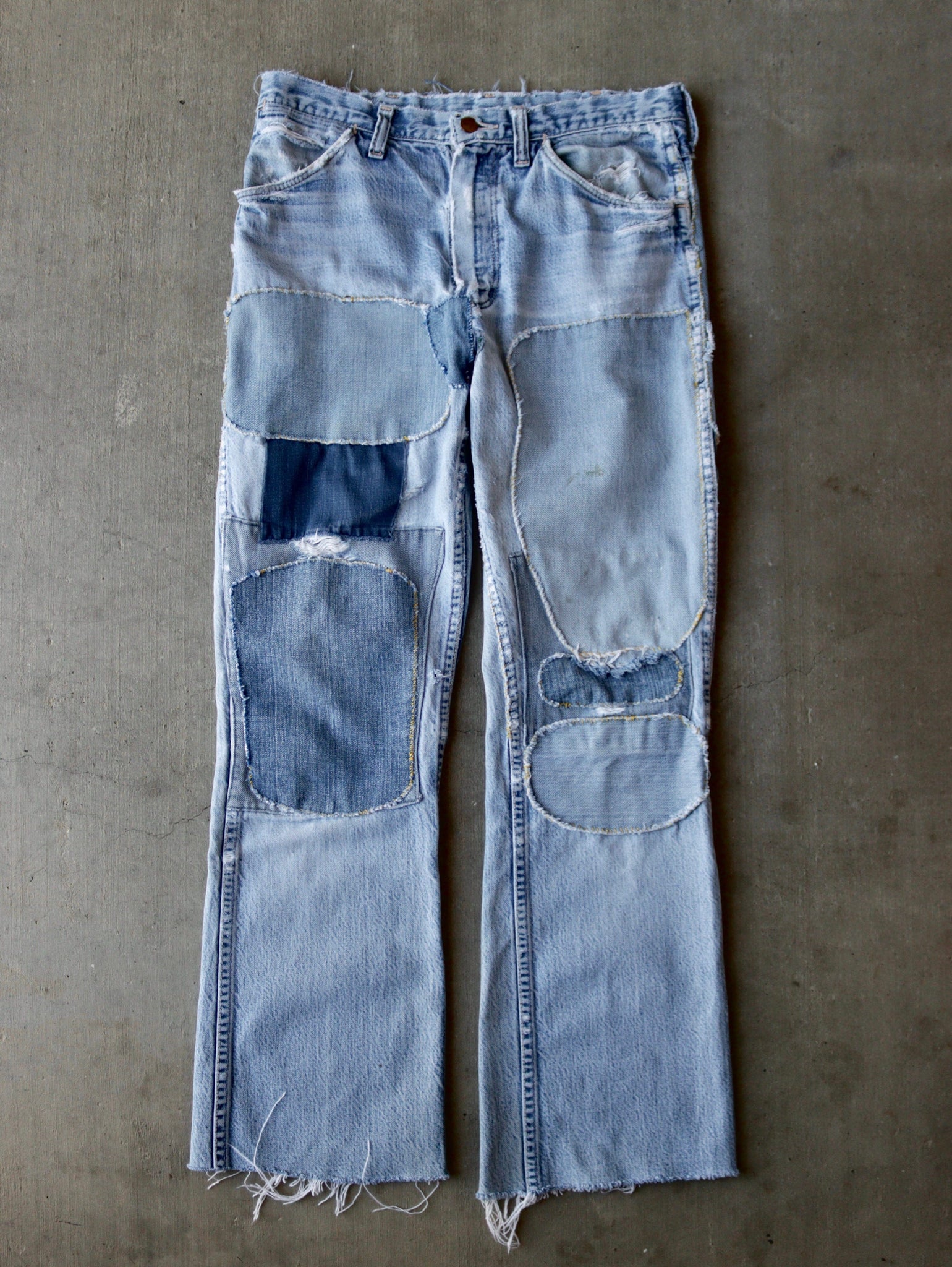 1970s Wrangler Frankenstein Patchwork Patchwork Denim Flare Pants - 30