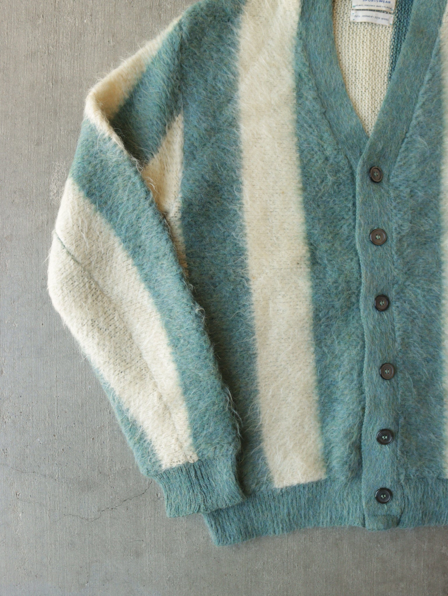 1960S MOHAIR CREAM BLUE STRIPE CARDIGAN - S