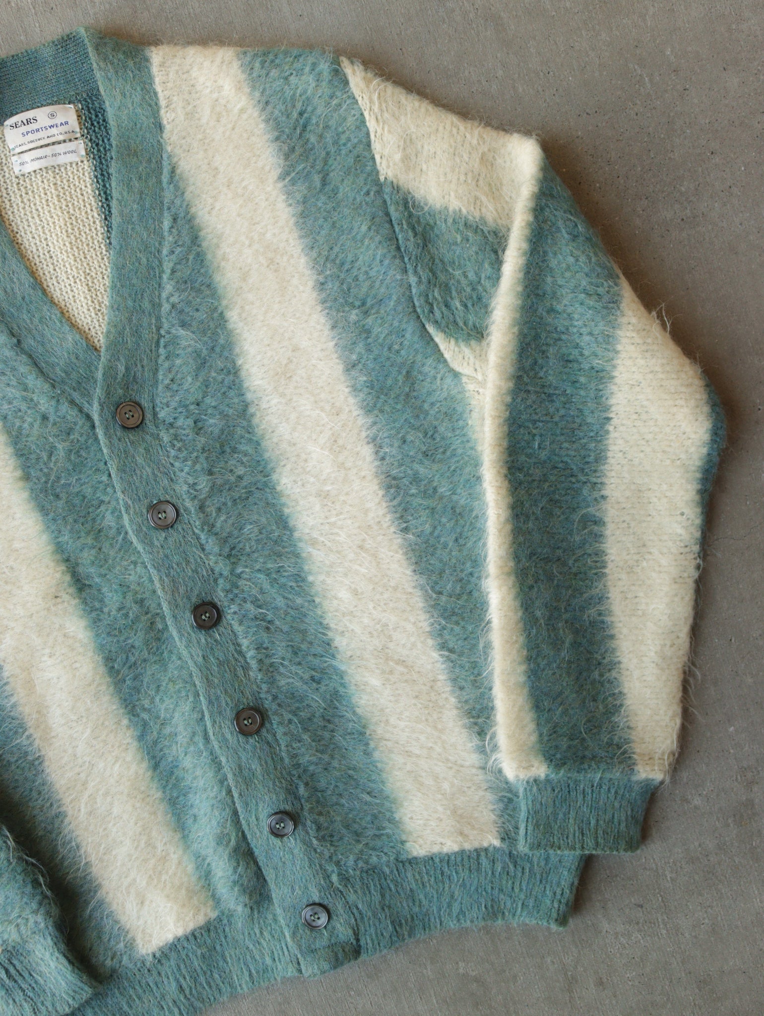 1960S MOHAIR CREAM BLUE STRIPE CARDIGAN - S