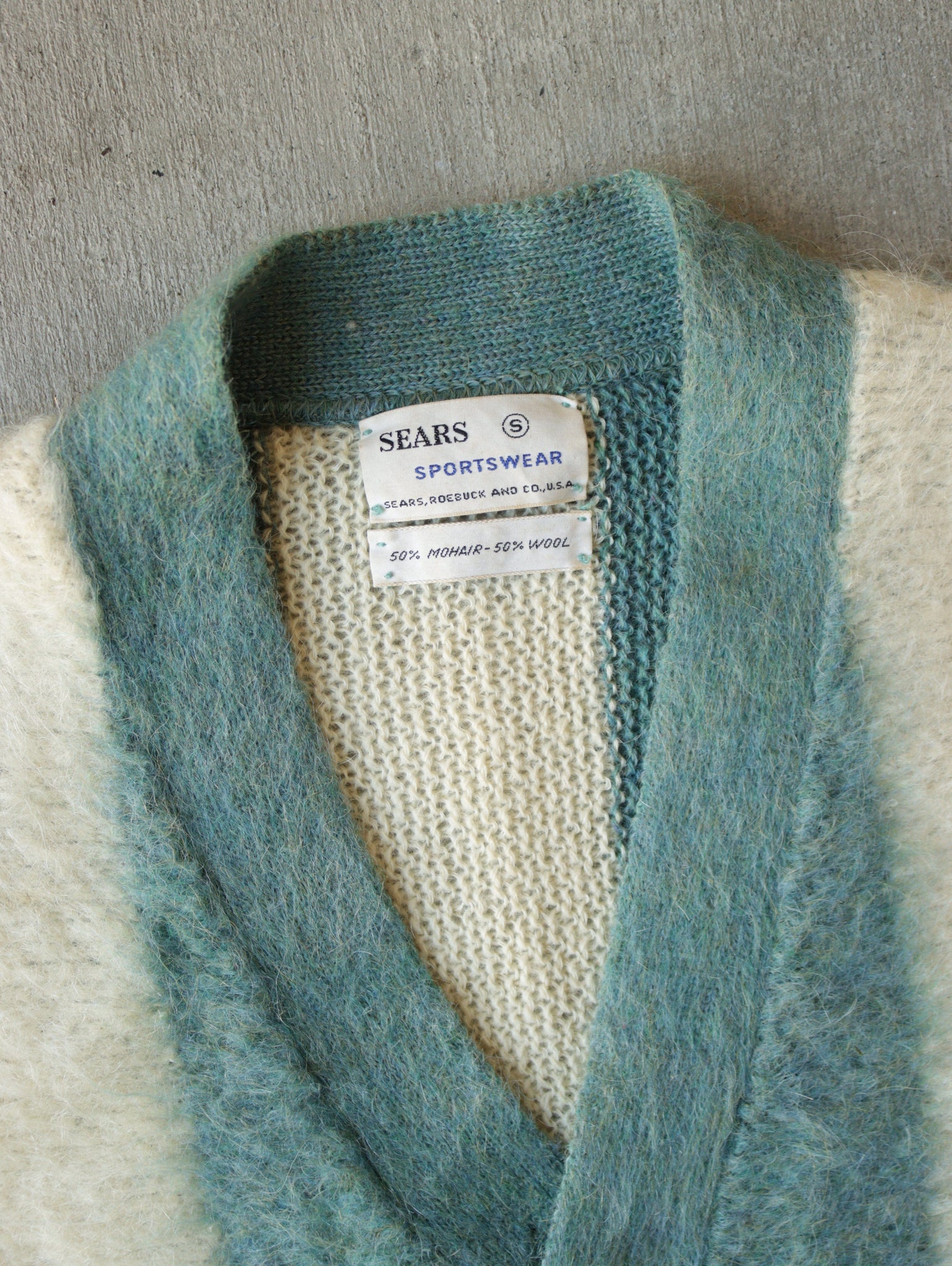 1960S MOHAIR CREAM BLUE STRIPE CARDIGAN - S